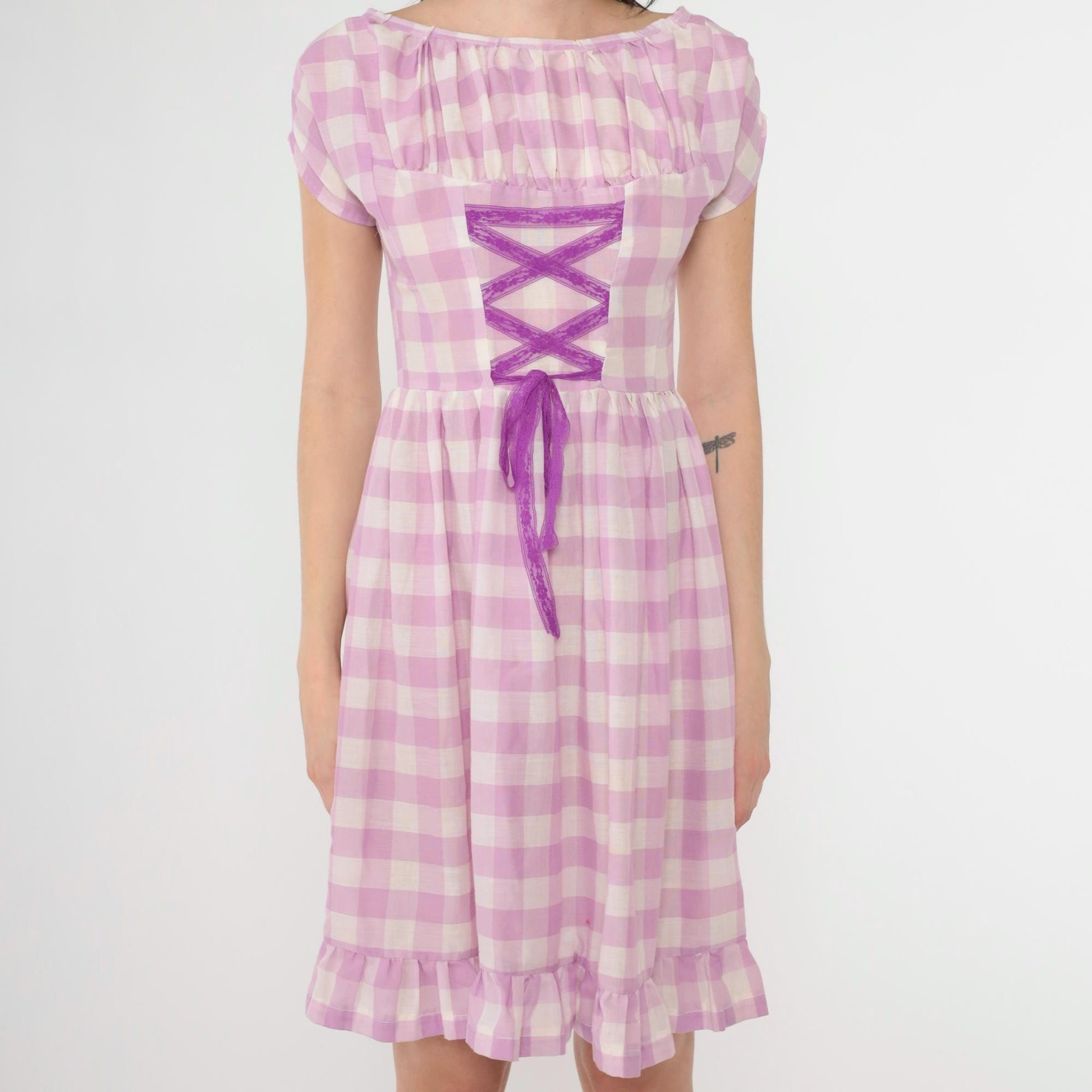 60s Lavender Gingham Mini Dress Lace-Up Corset Cap Sleeve High Waist Extra Small