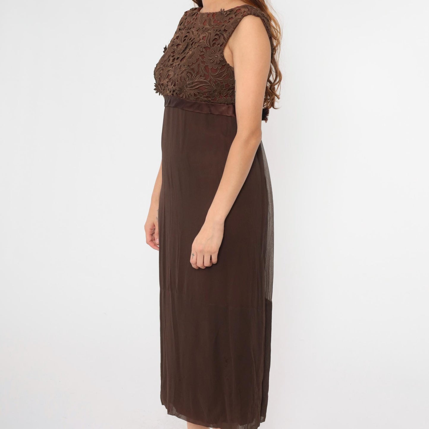 1960s Brown Lace Empire Waist Maxi Dress V Back Bow Sleeveless Medium 8