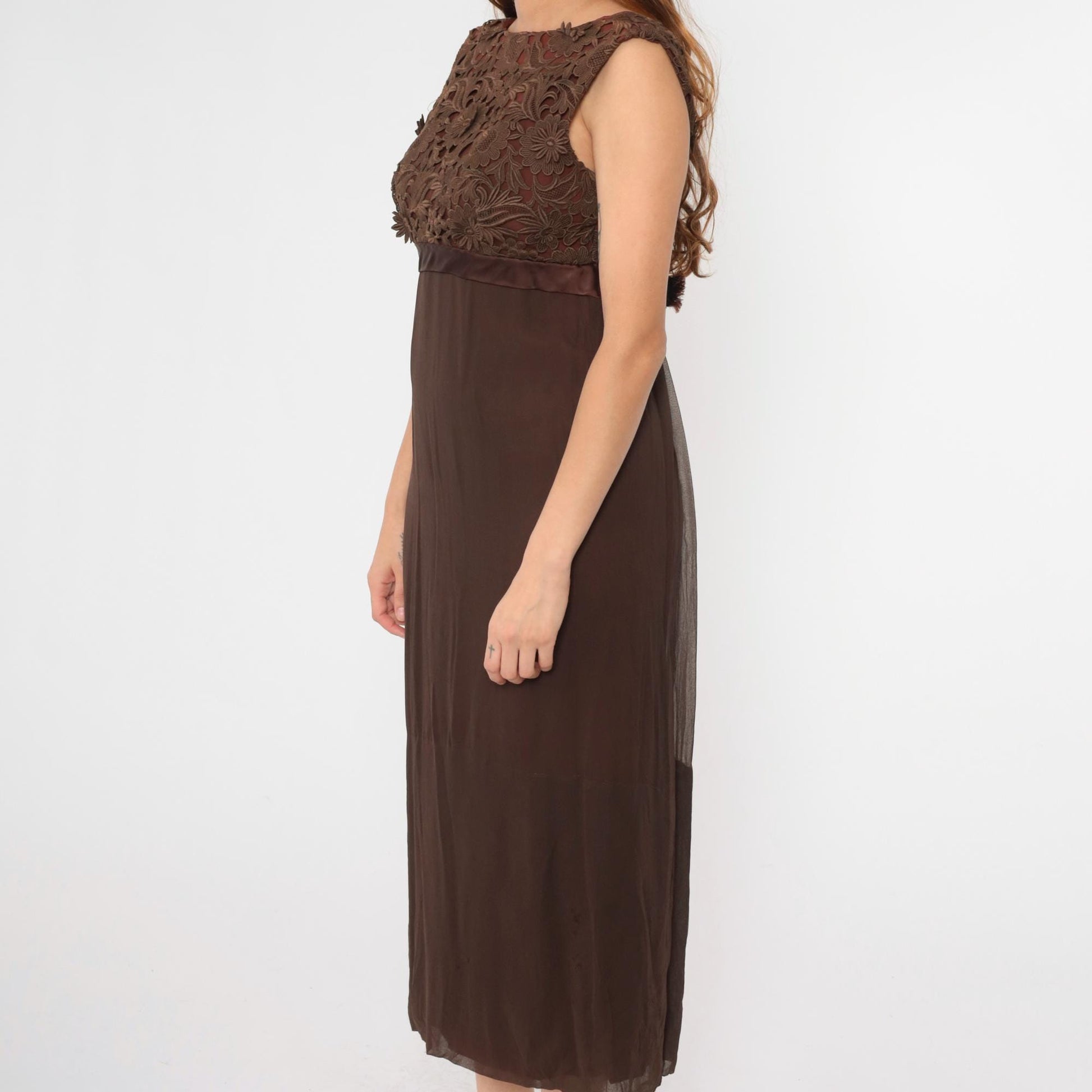 1960s Brown Lace Empire Waist Maxi Dress V Back Bow Sleeveless Medium 8