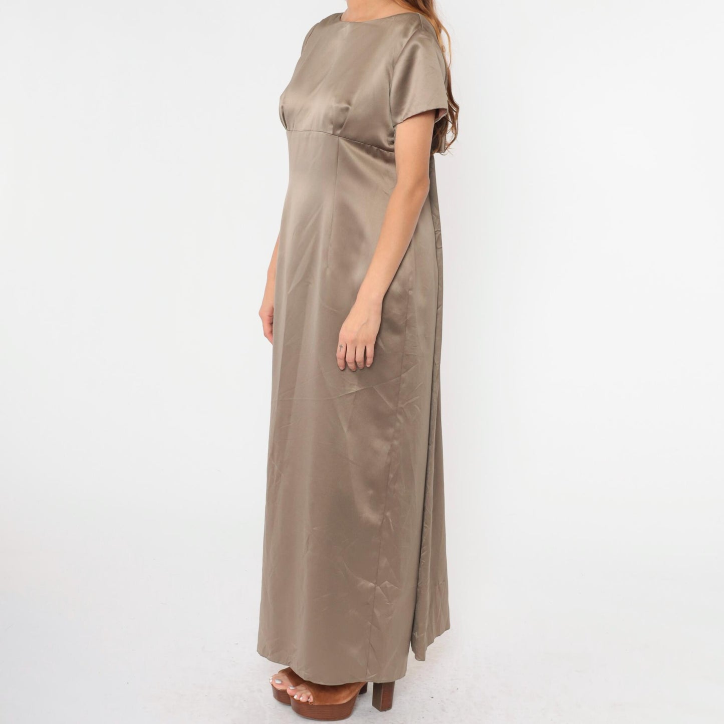 90s Bill Levkoff Satin Maxi Dress Mocha Brown Empire Waist Bow Back Small