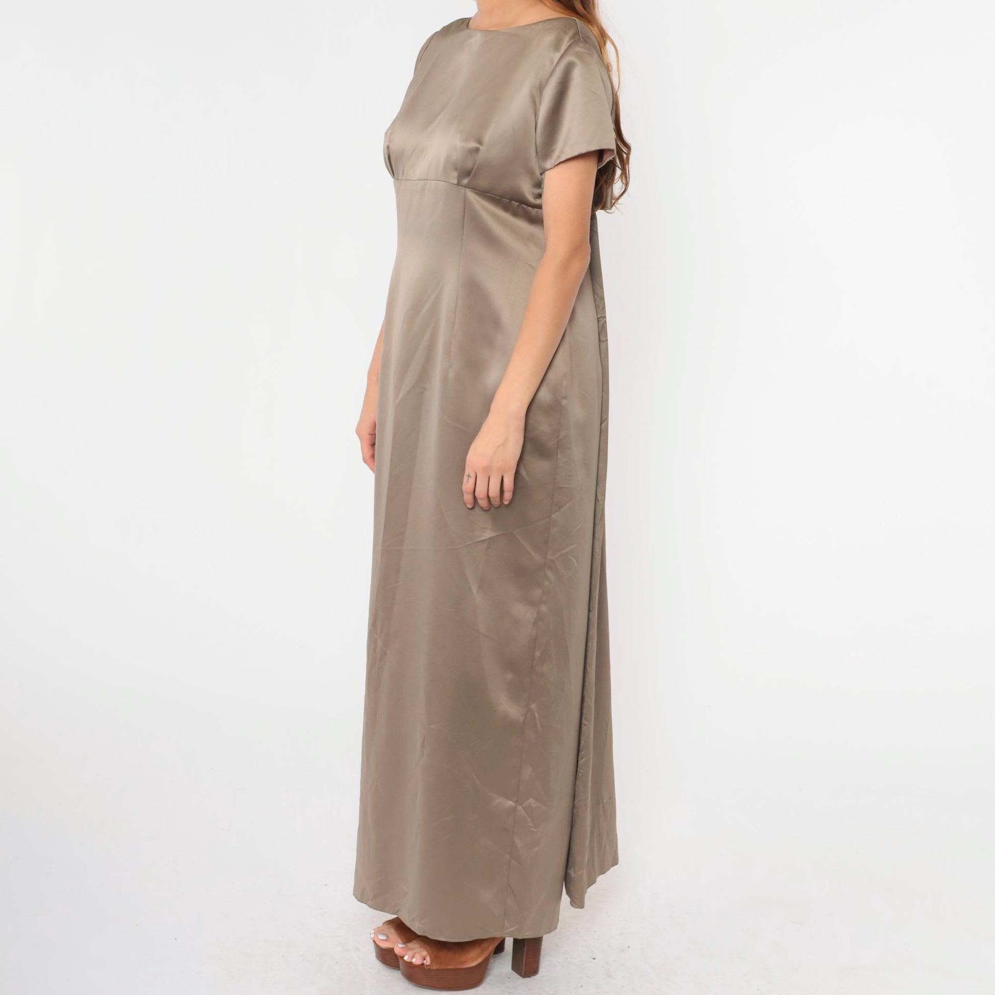 90s Bill Levkoff Satin Maxi Dress Mocha Brown Empire Waist Bow Back Small