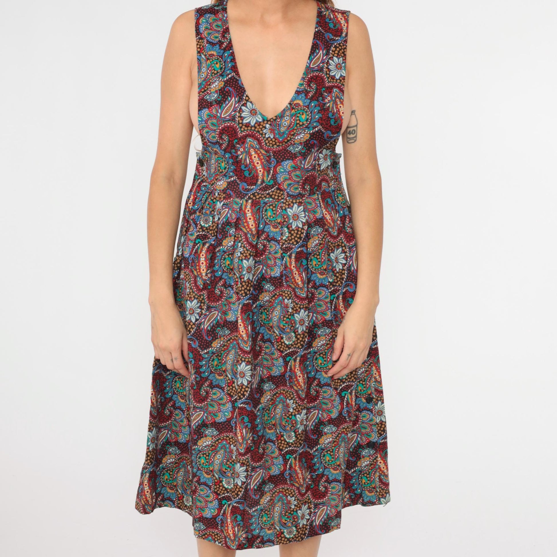 80s Paisley Cotton Midi Pinafore Dress Deep V Neck High Waist Small