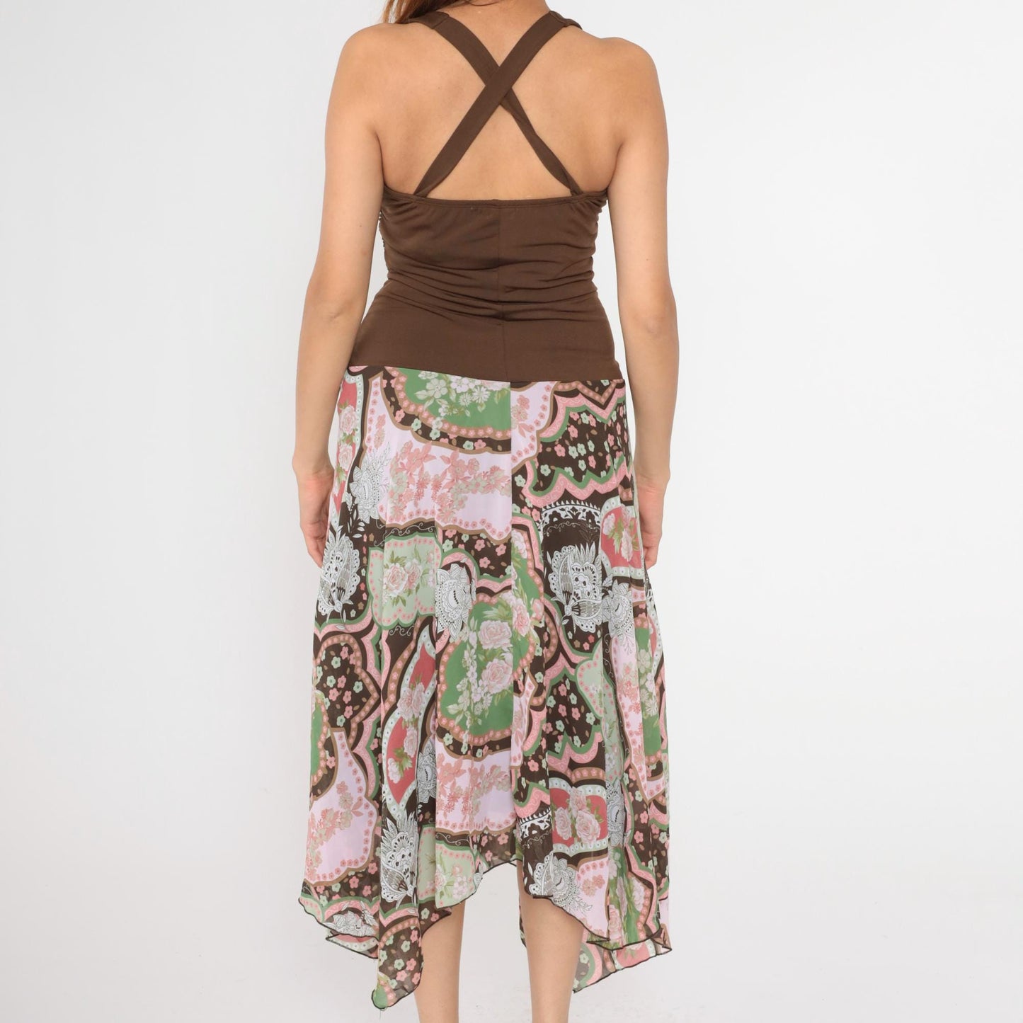 Y2K Floral Halter Midi Dress Brown Hanky Hem Drop Waist Sundress Large L