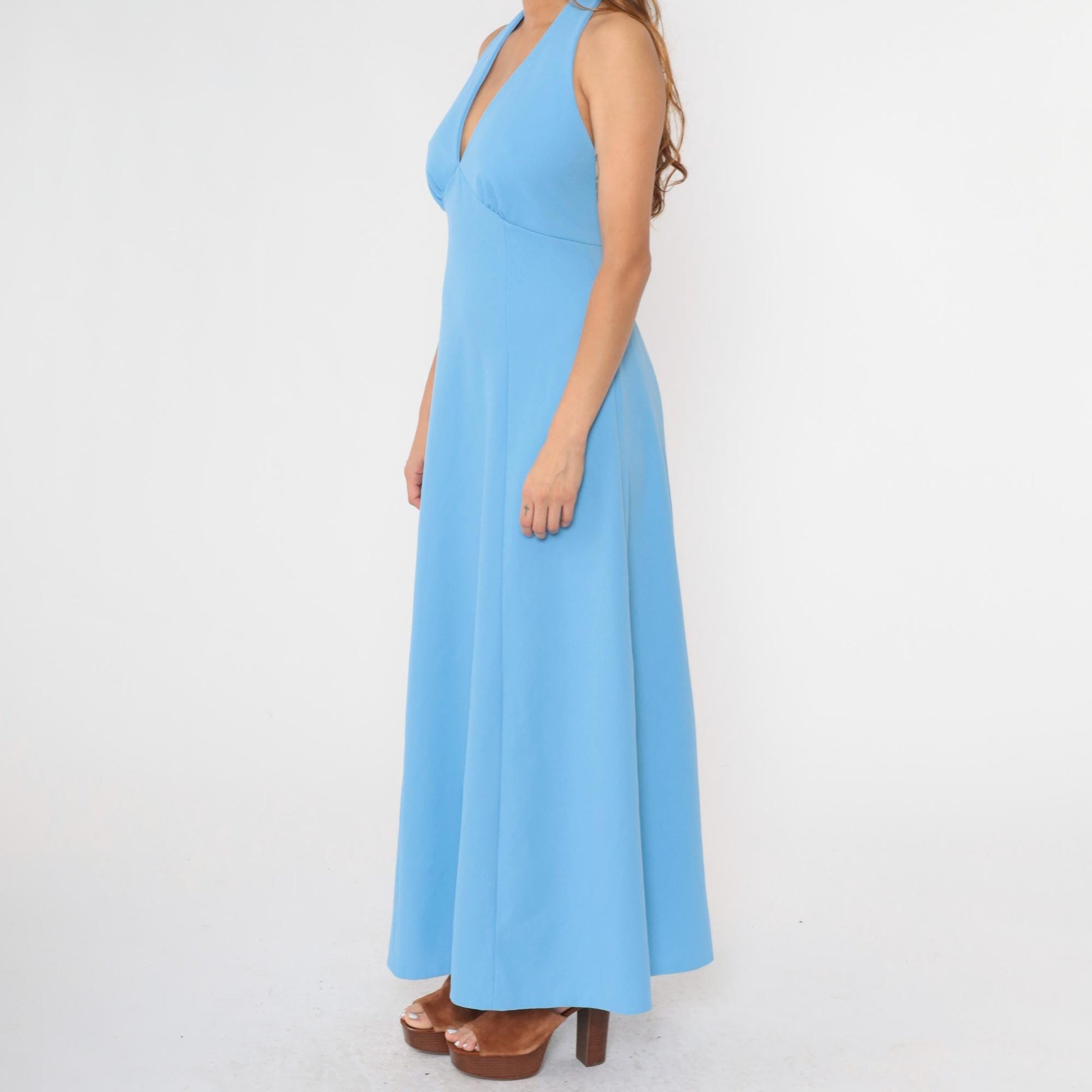 70s Blue Halter Maxi Dress Empire Waist Open Back Sleeveless Medium M