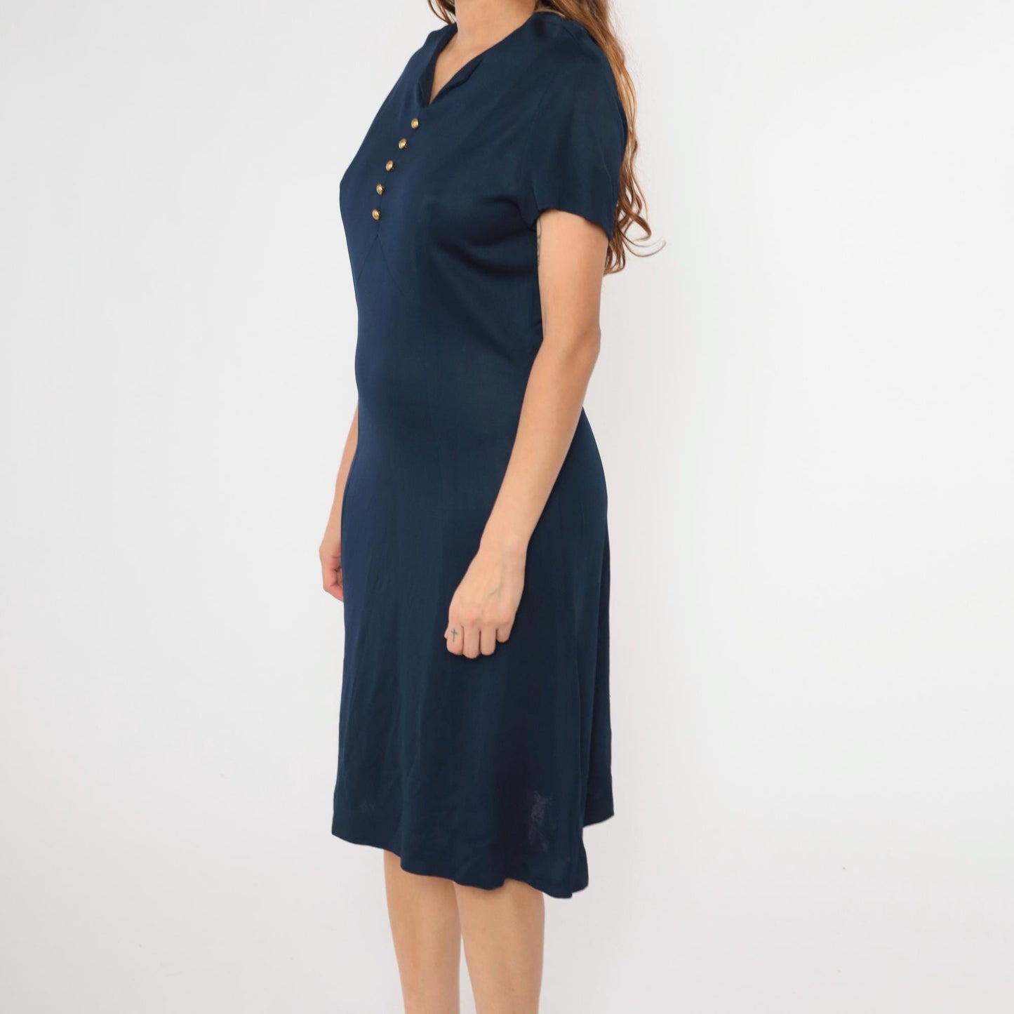 1960s Navy Shift Dress Midi Button Detail Short Sleeve Medium