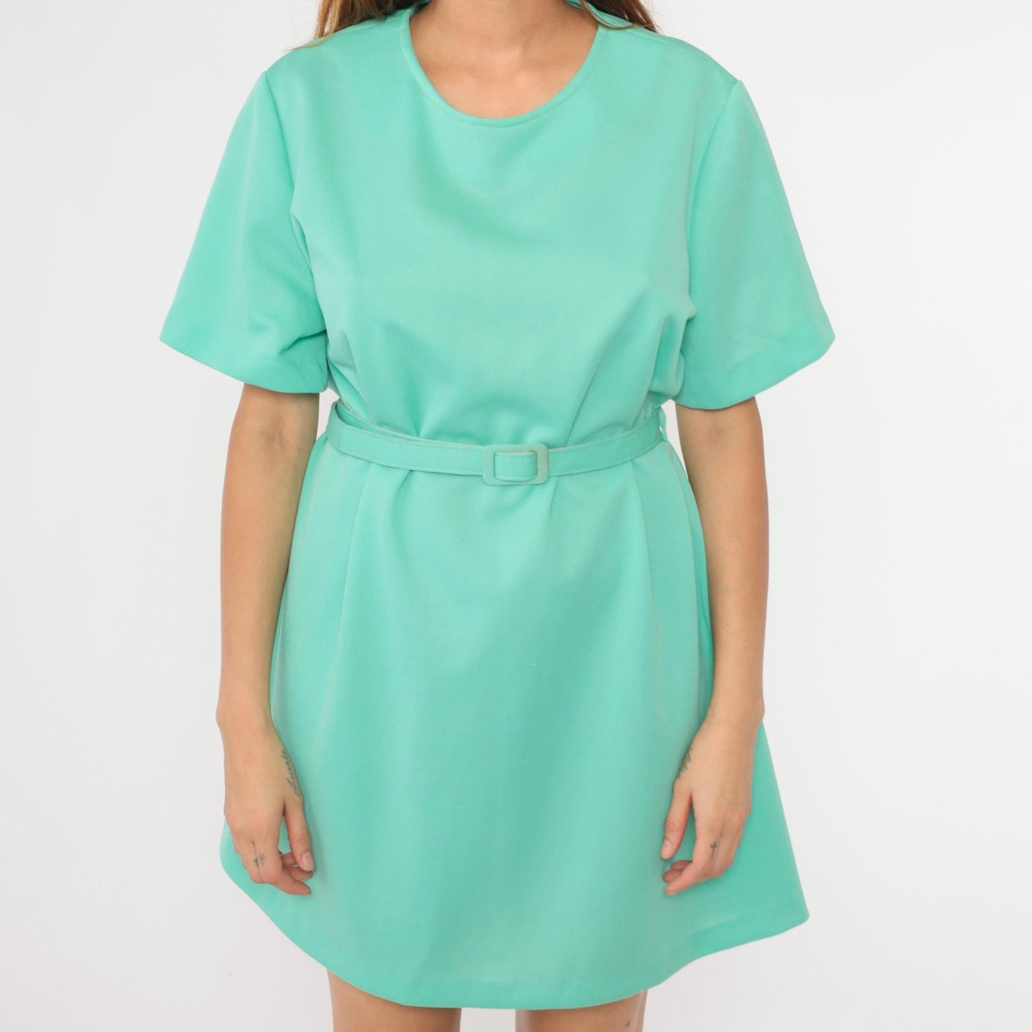 1970s Mint Green Shift Mini Dress Short Sleeve Belt XXL