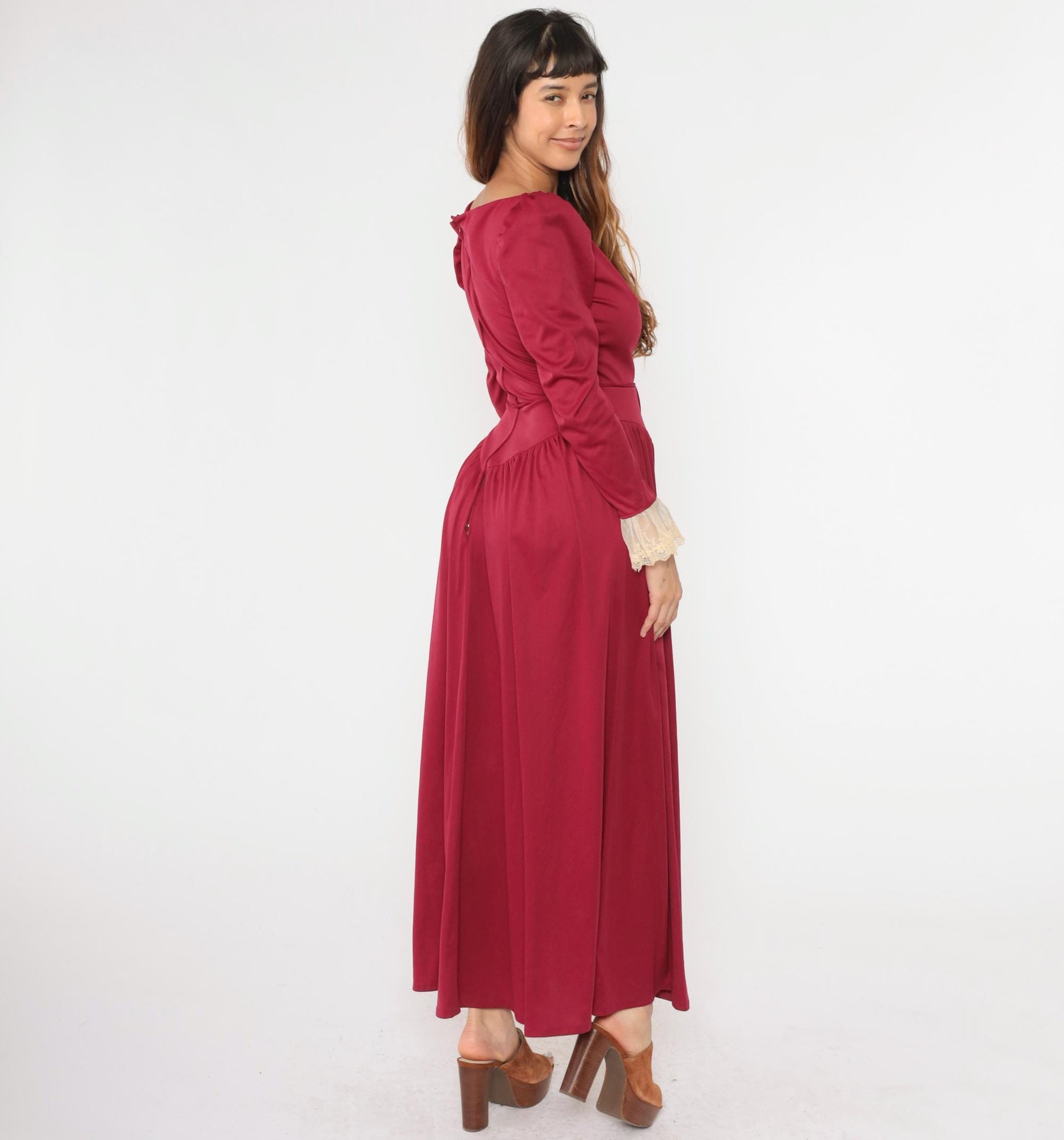70s Bianchi Raspberry Maxi Dress Puff Sleeve Lace Trim High Waist Small