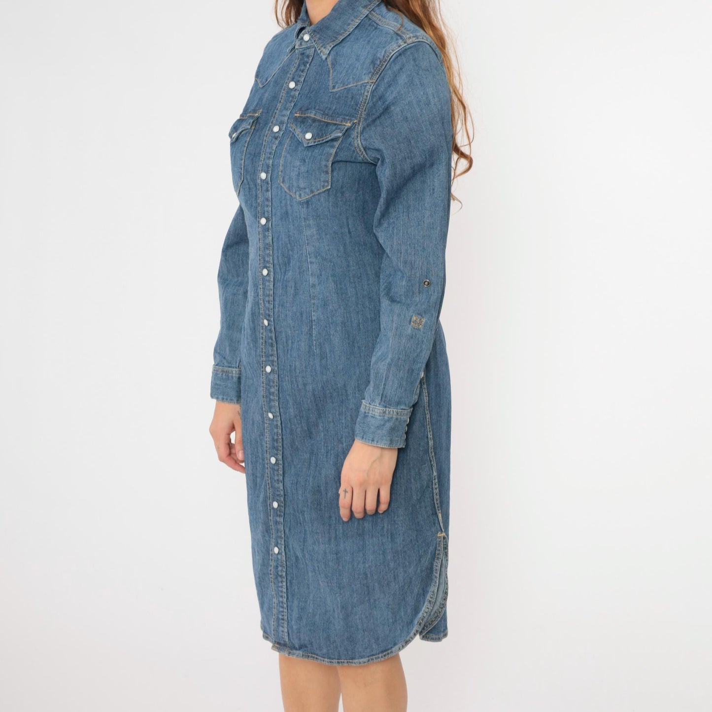 00s Reba Denim Midi Dress Pearl Snap Button-Up Sheath Blue Cotton Medium