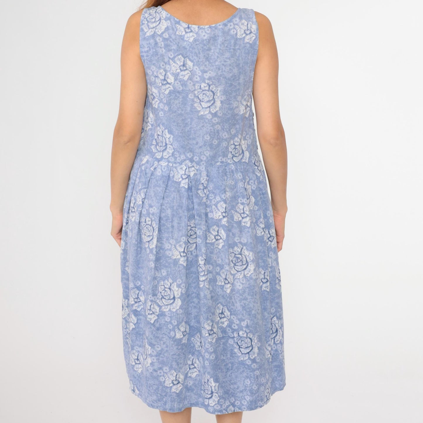 90s Periwinkle Floral Midi Dress Sleeveless Button Side Cotton Medium