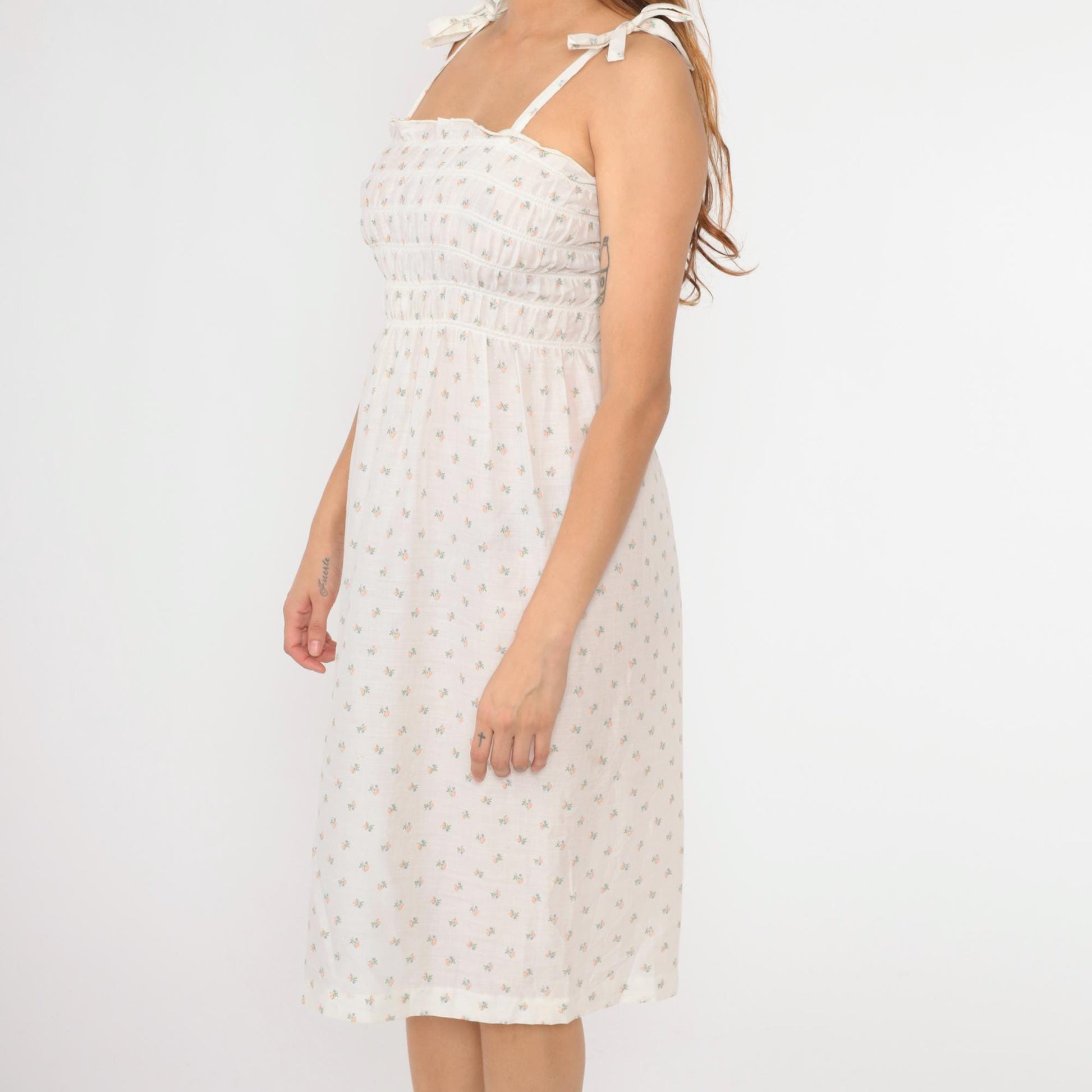 70s Floral Calico Sundress White Smocked Spaghetti Strap Midi Small