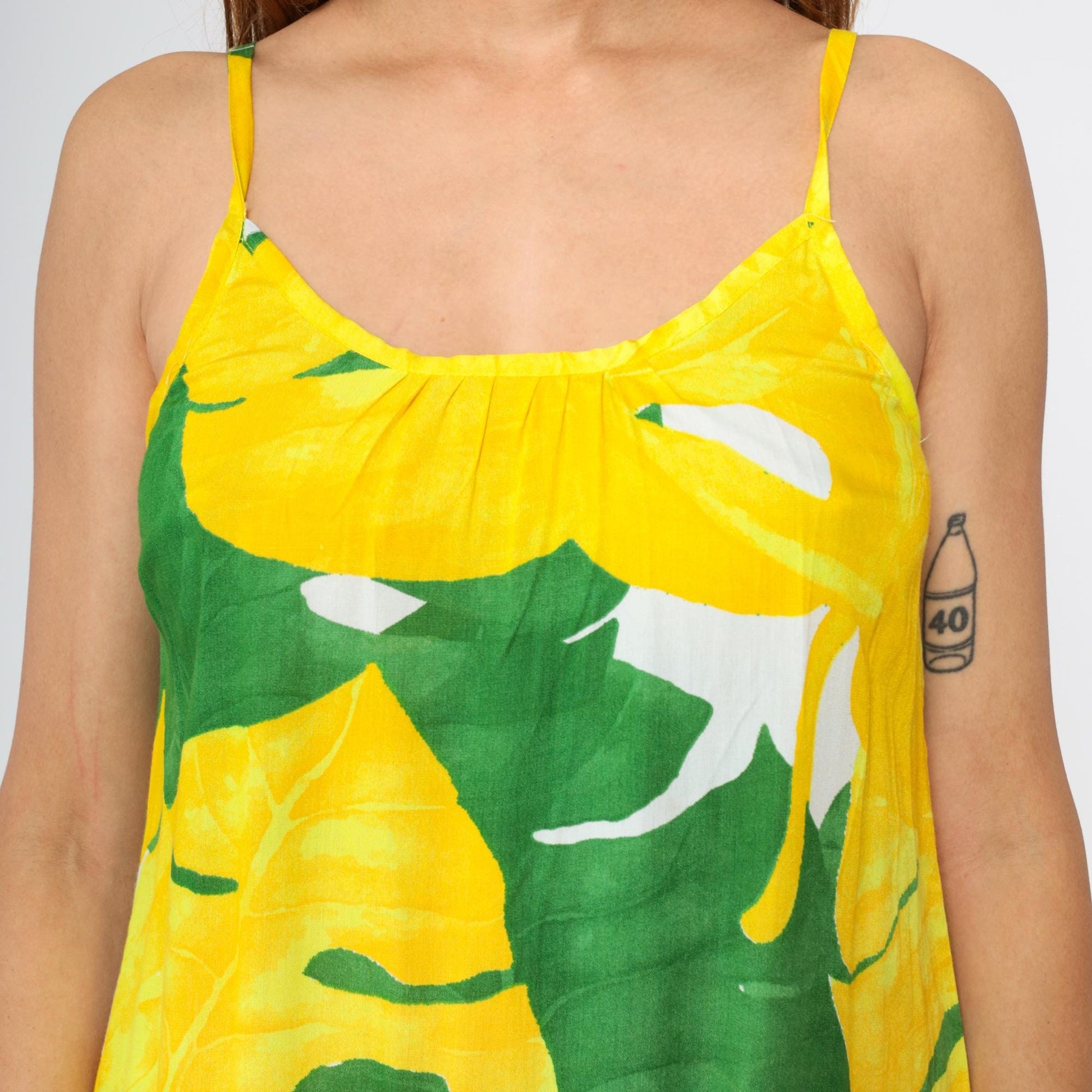 Y2K Tropical Leaf Print Mini Dress Yellow Green Spaghetti Strap Small