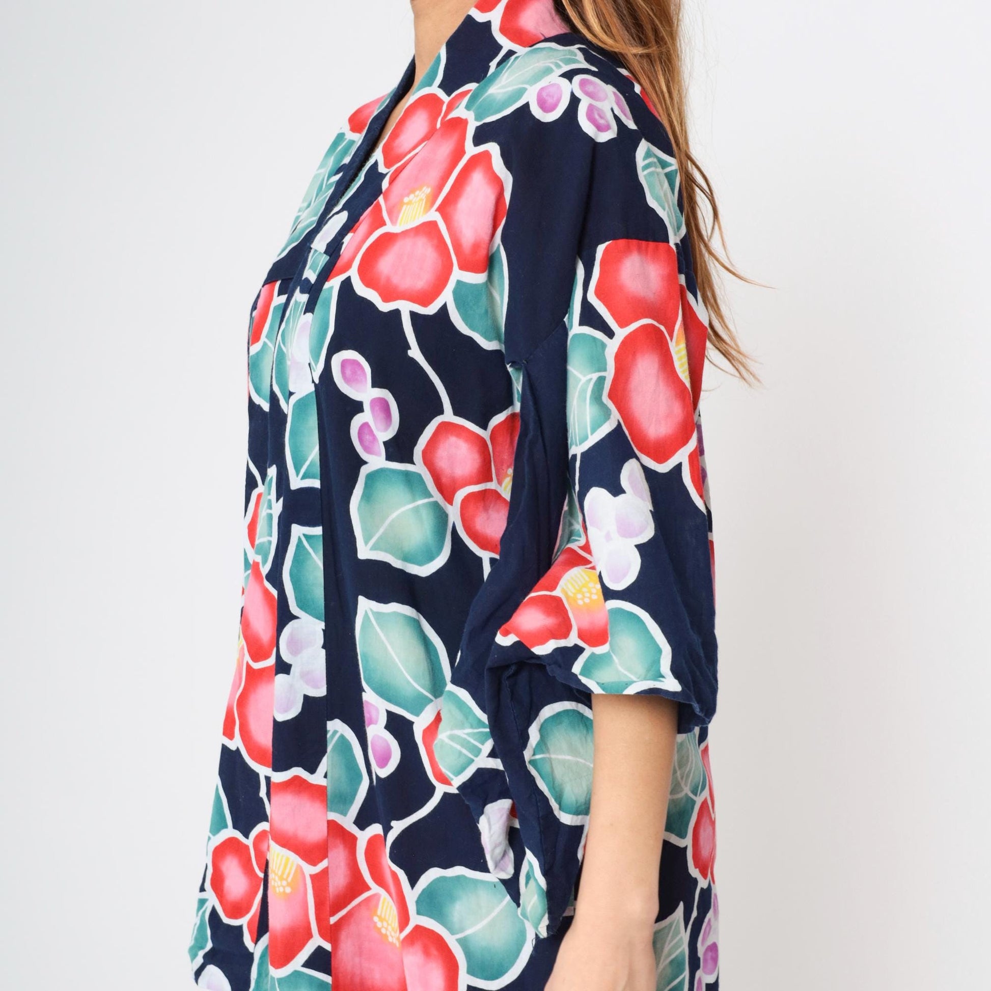 Y2K Japanese Floral Kimono Navy Blue Maxi Robe Open Front Small Medium Large
