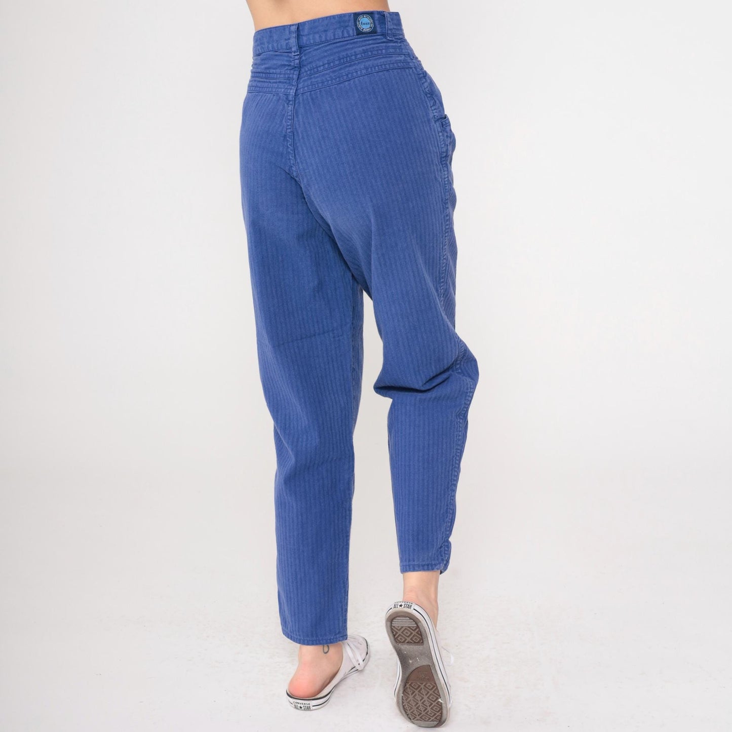 90s Blue Pinstriped High-Waist Tapered Pants Cotton Small