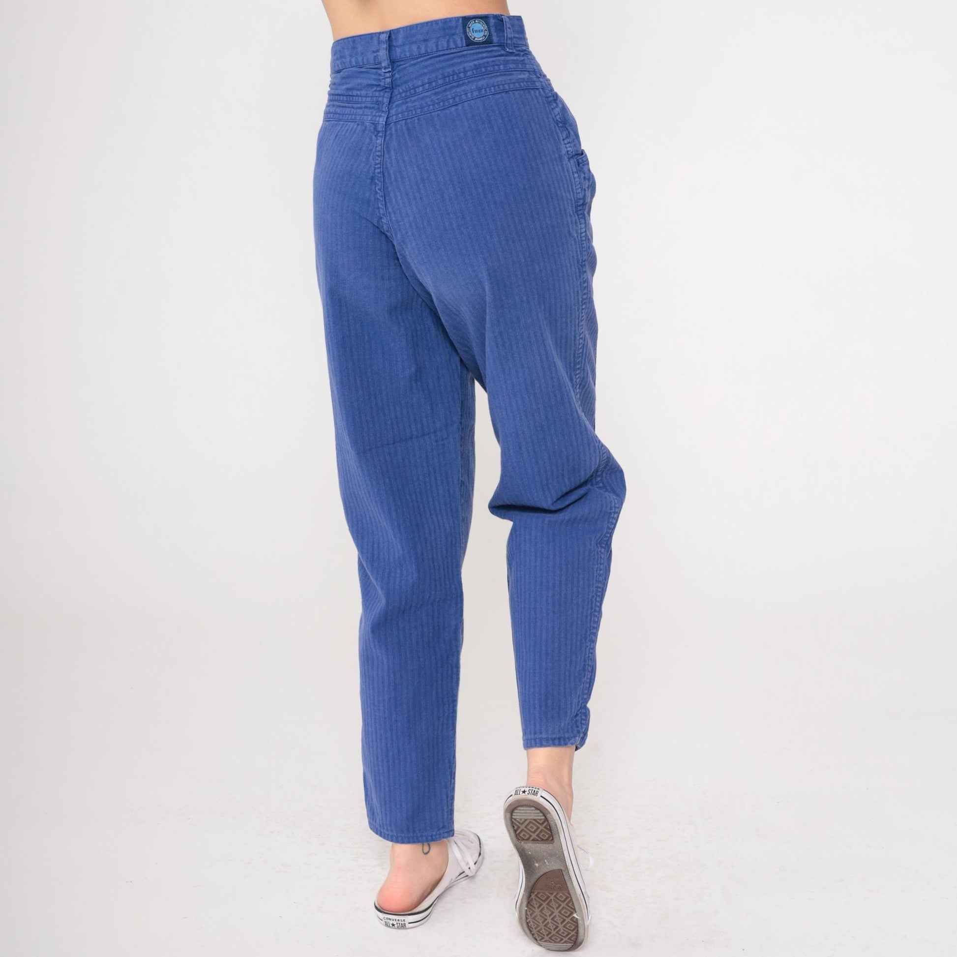 90s Blue Pinstriped High-Waist Tapered Pants Cotton Small