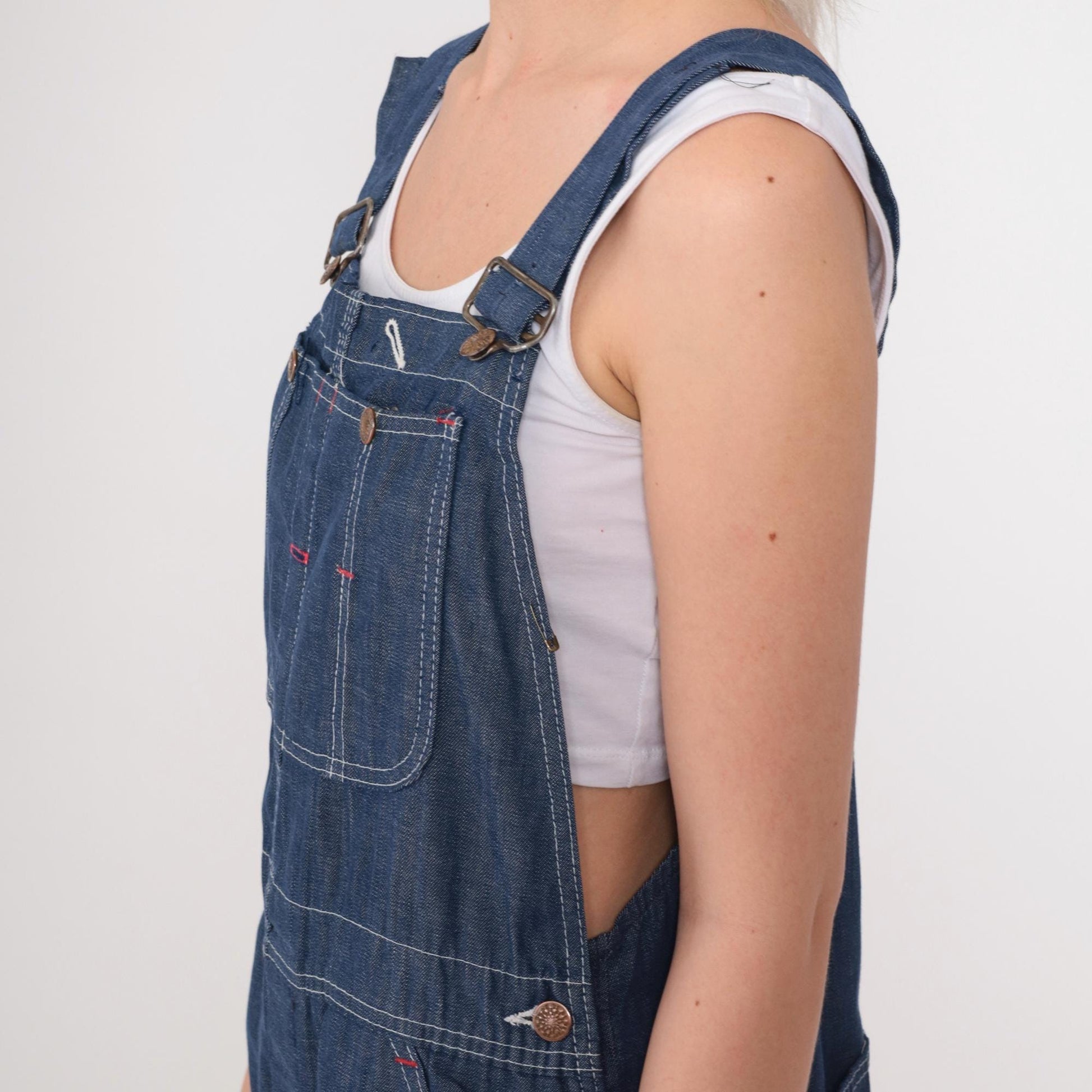 70s Dark Blue Denim Bib Overalls Wide Leg Long Dungarees Small S