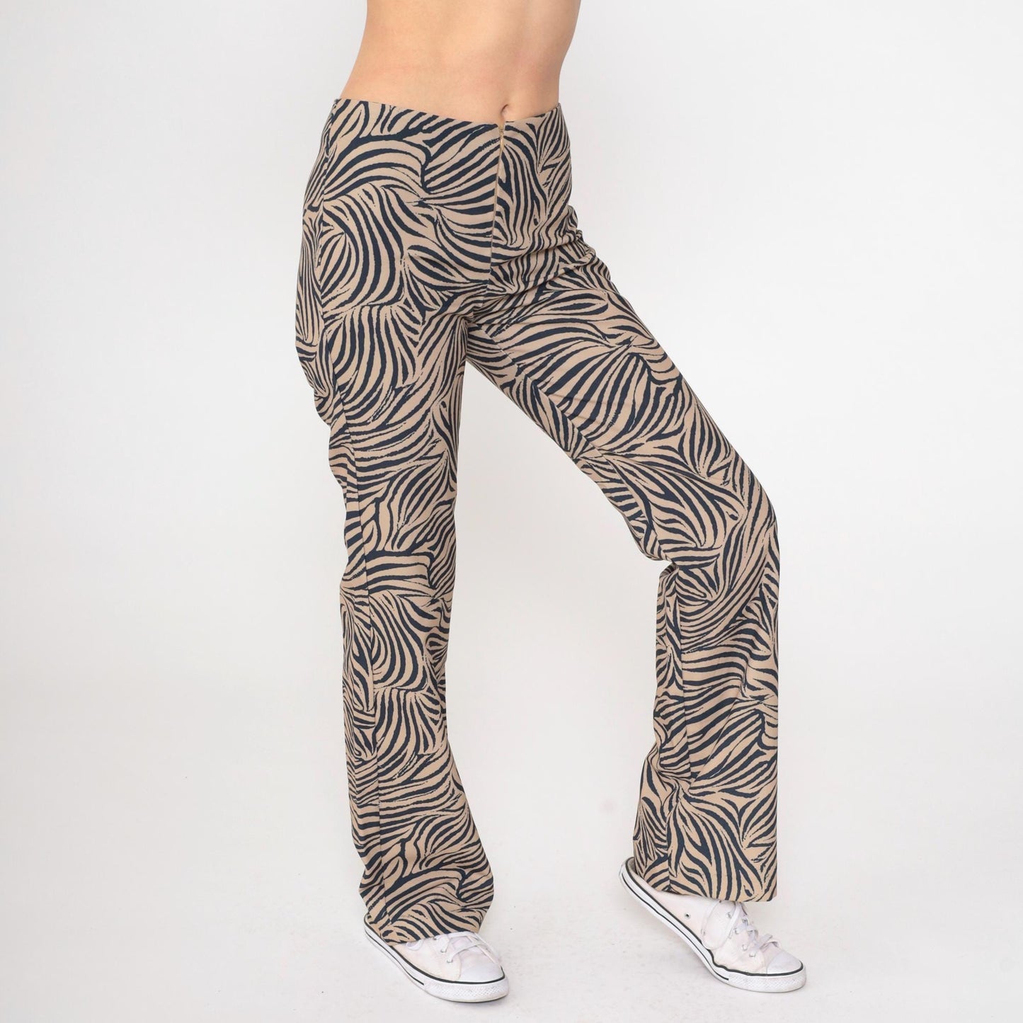 Y2K Zebra Stripe Flared Pants Black Tan Mid Rise Front Zip Medium 9