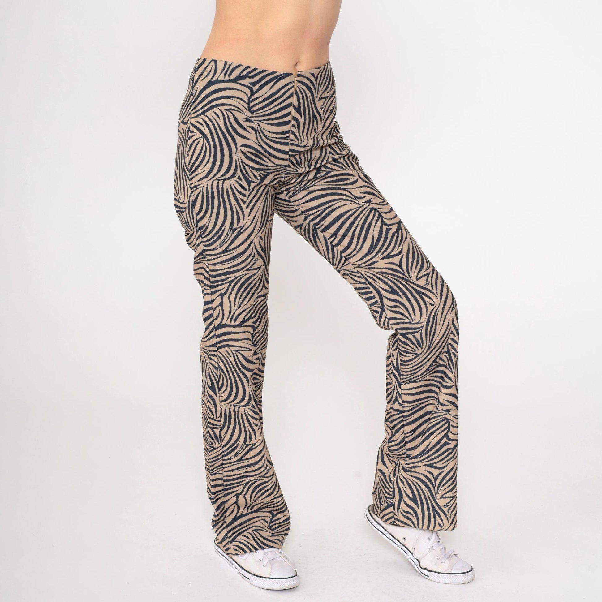 Y2K Zebra Stripe Flared Pants Black Tan Mid Rise Front Zip Medium 9