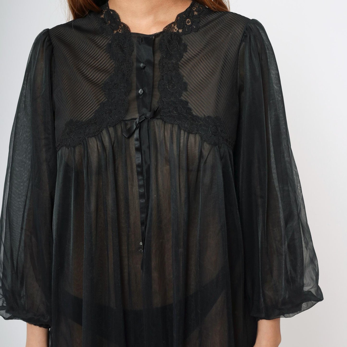 70s Gossard Artemis Black Nylon Lingerie Robe Lace Trim Maxi Medium