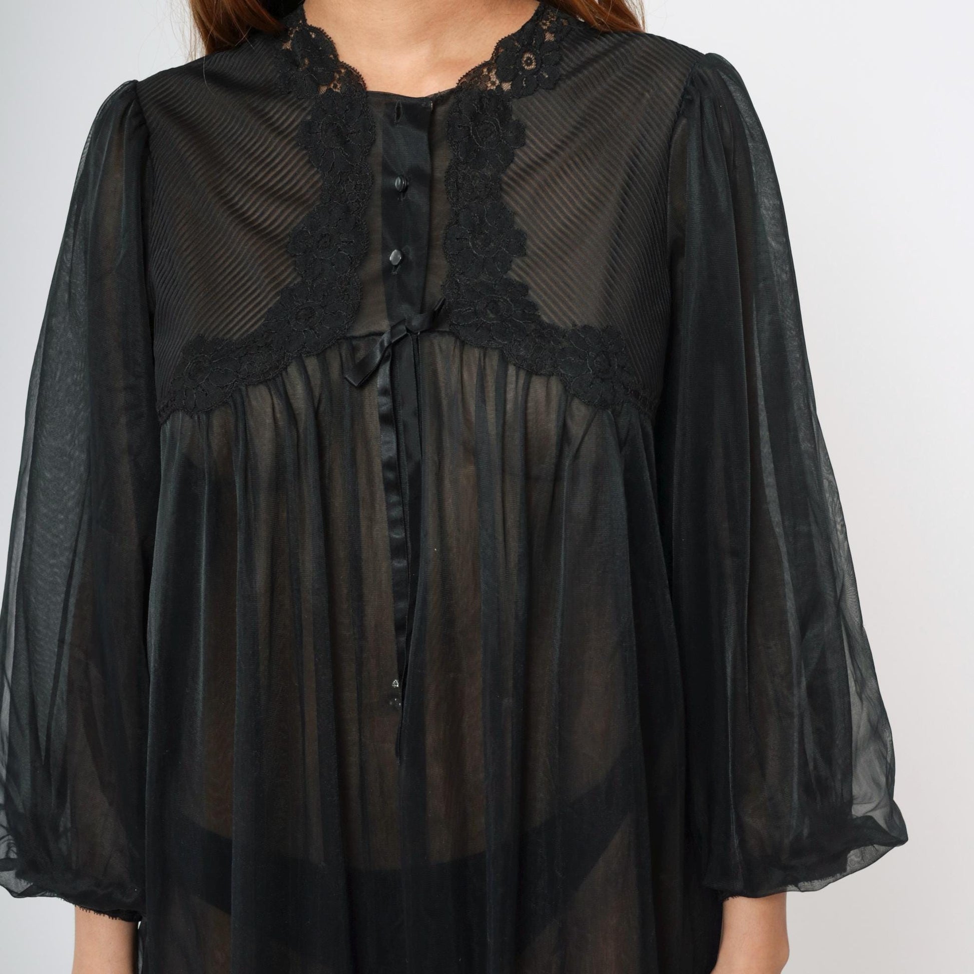 70s Gossard Artemis Black Nylon Lingerie Robe Lace Trim Maxi Medium