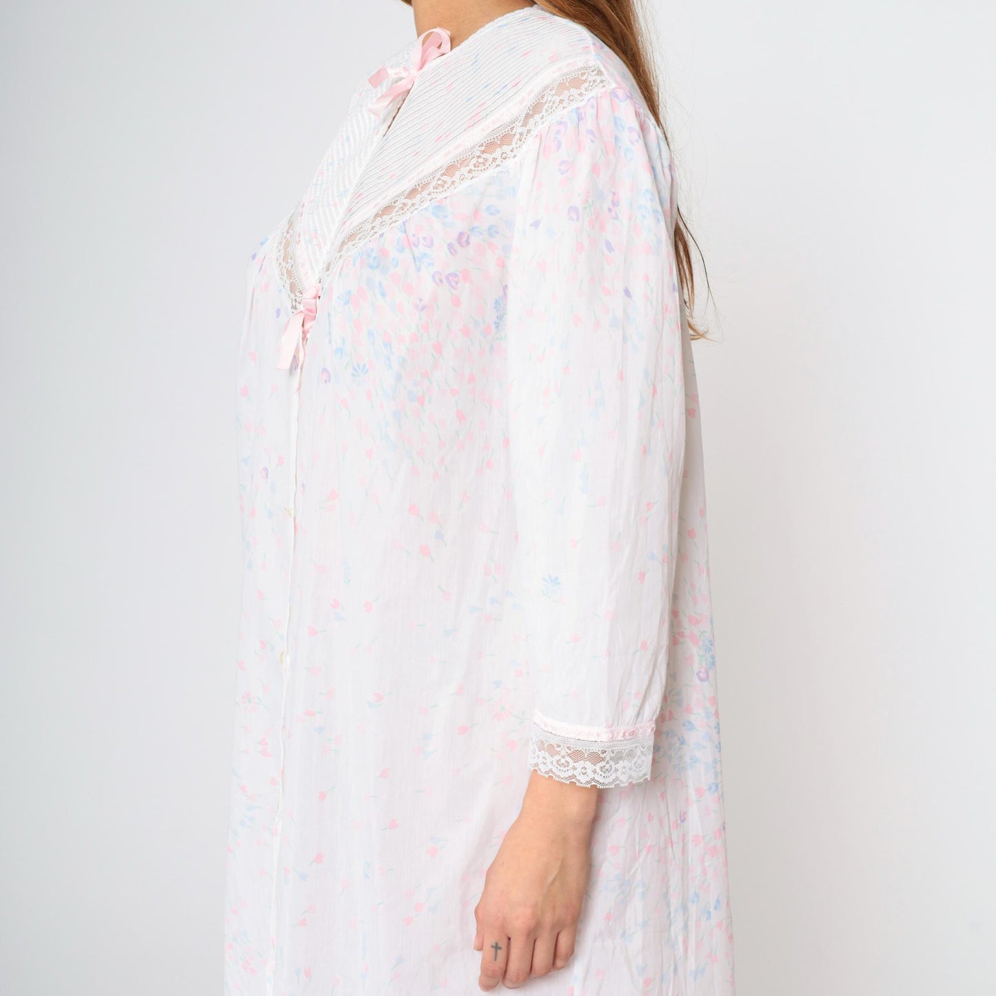 80s Barbizon Floral Button-Up Nightgown Pastel Pink Lace Trim Midi Large L