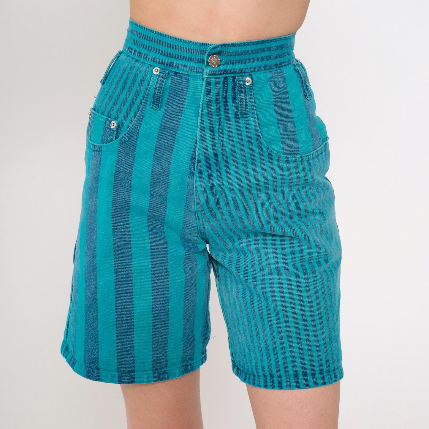 90s Swagger Jeans Striped Denim Shorts High Rise Turquoise Blue Extra Small