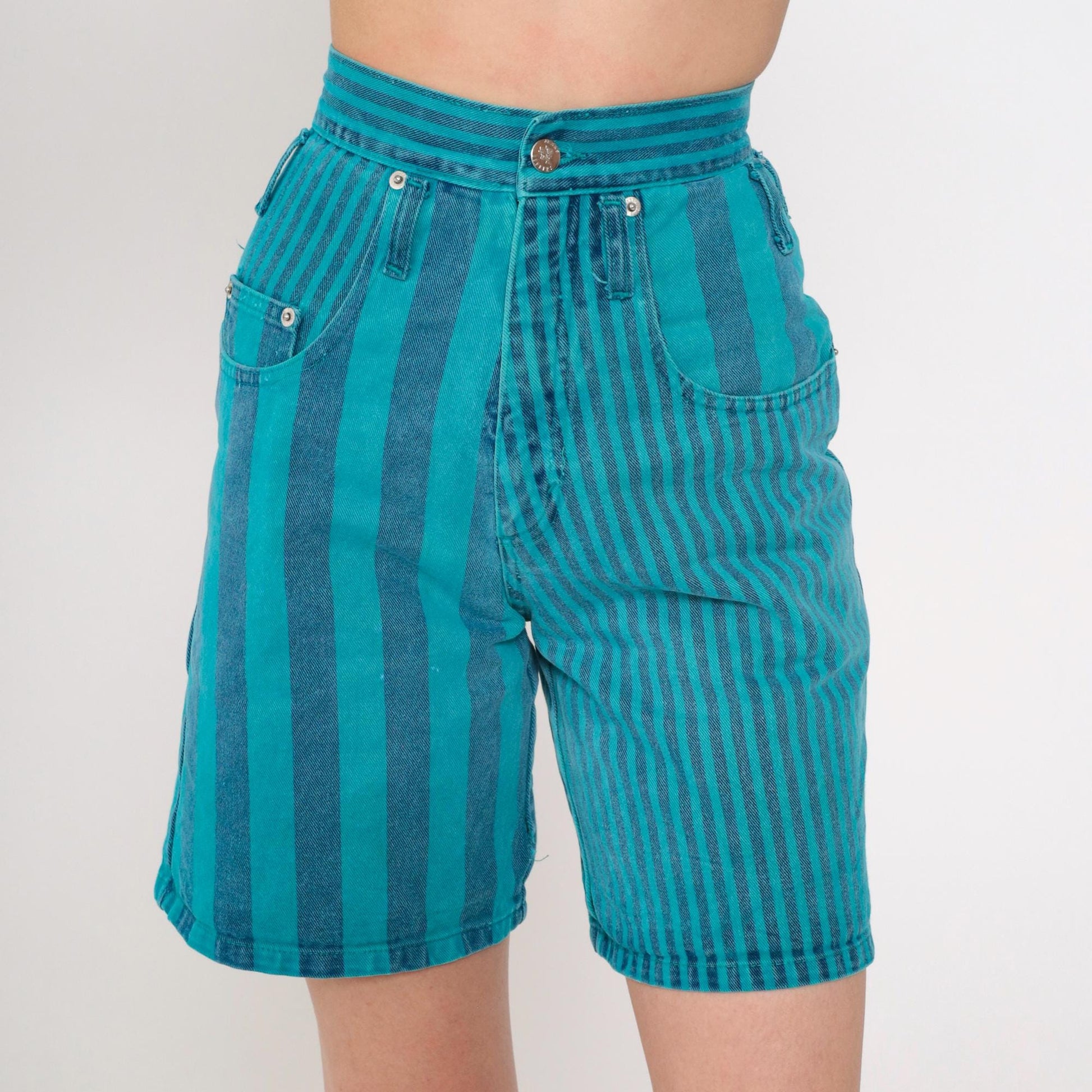 90s Swagger Jeans Striped Denim Shorts High Rise Turquoise Blue Extra Small