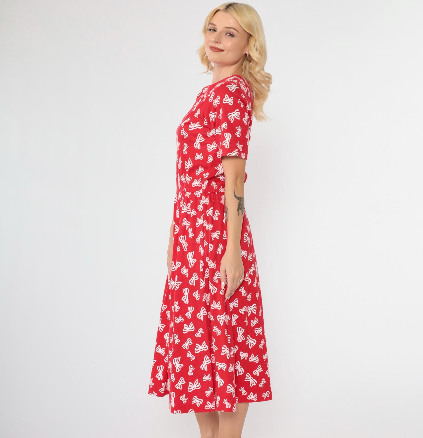 90s Talbots Red Bow Print Midi Dress Pleated Button Back Small