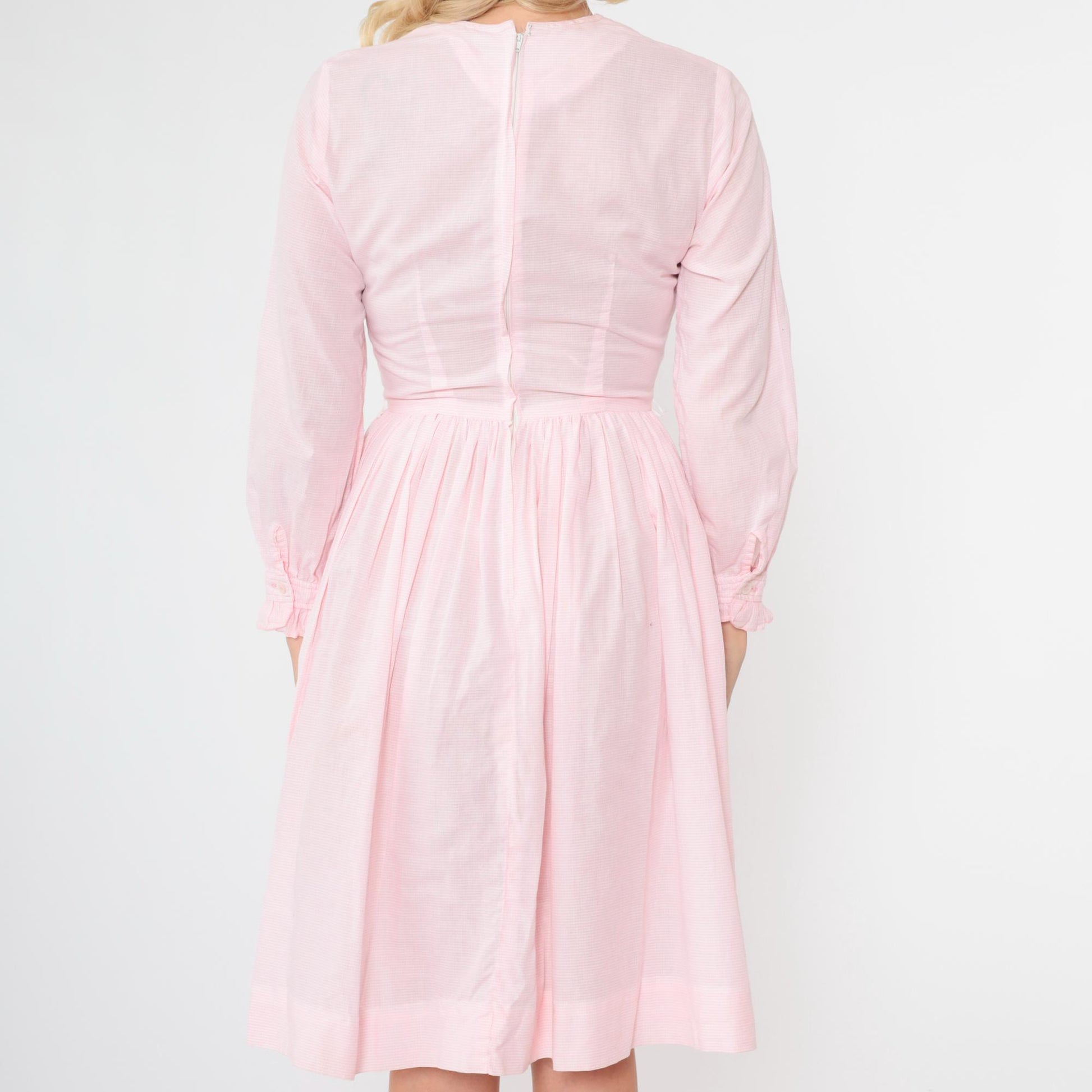 1960s Pink Checkered Dress High Waist Ruffled Long Sleeve Knee Length Extra Small