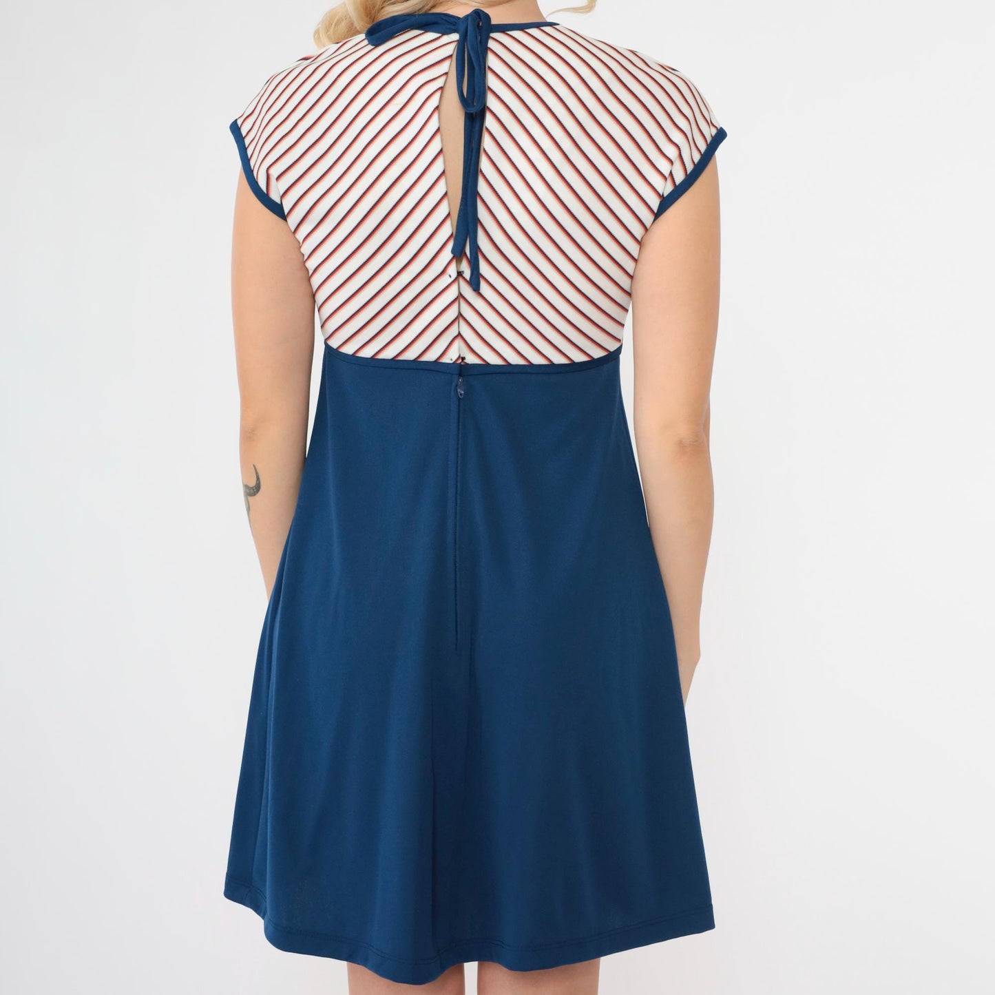 70s Sunshine Alley Striped Babydoll Mini Dress Empire Waist Navy White Small