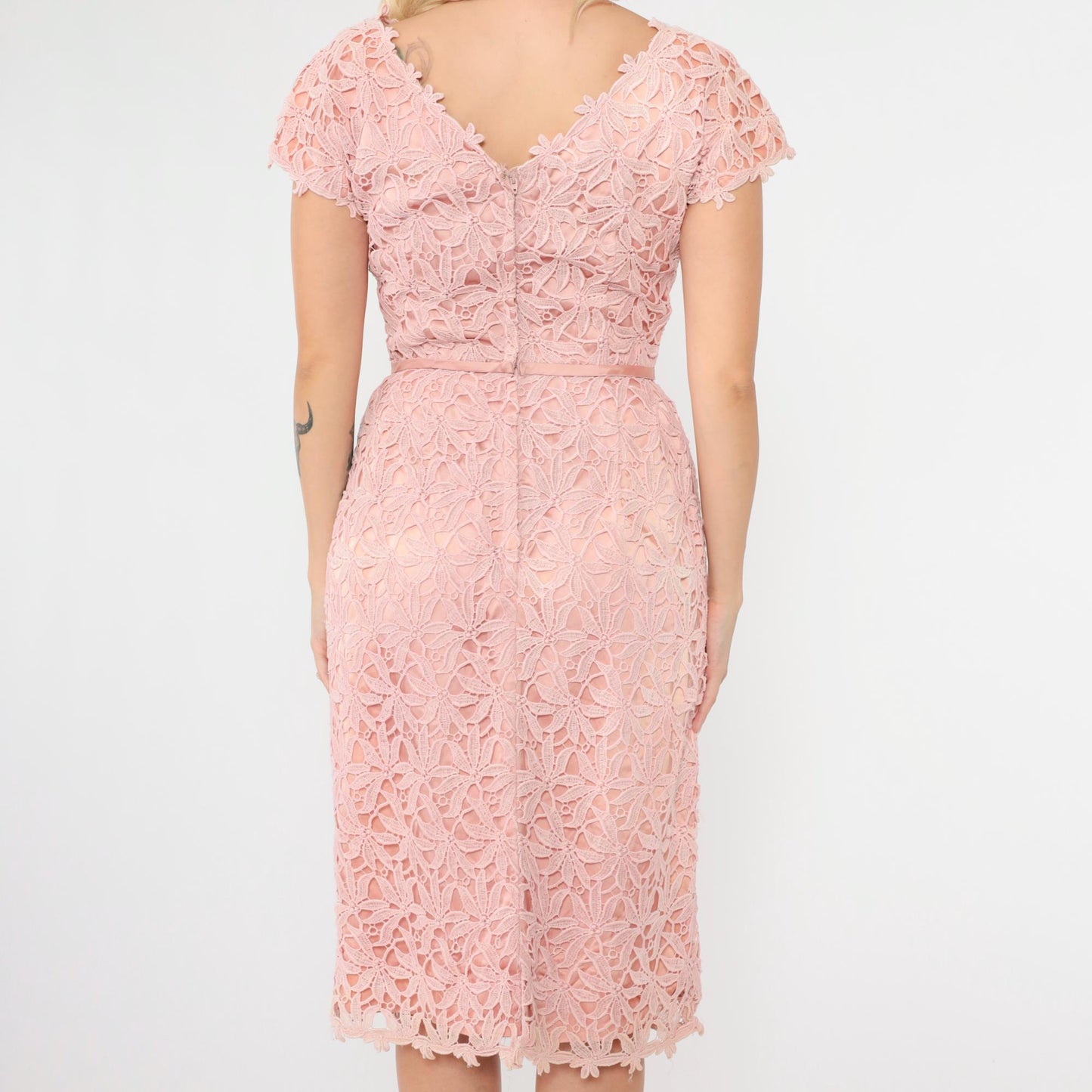 1960s Pink Lace Beaded Cocktail Dress Knee-Length Pencil XS