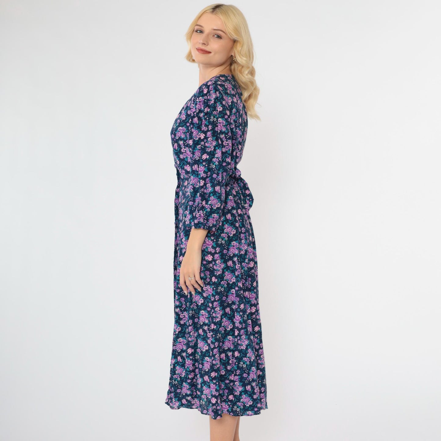90s Purple Blue Floral Midi Dress Button Up Long Sleeve Large