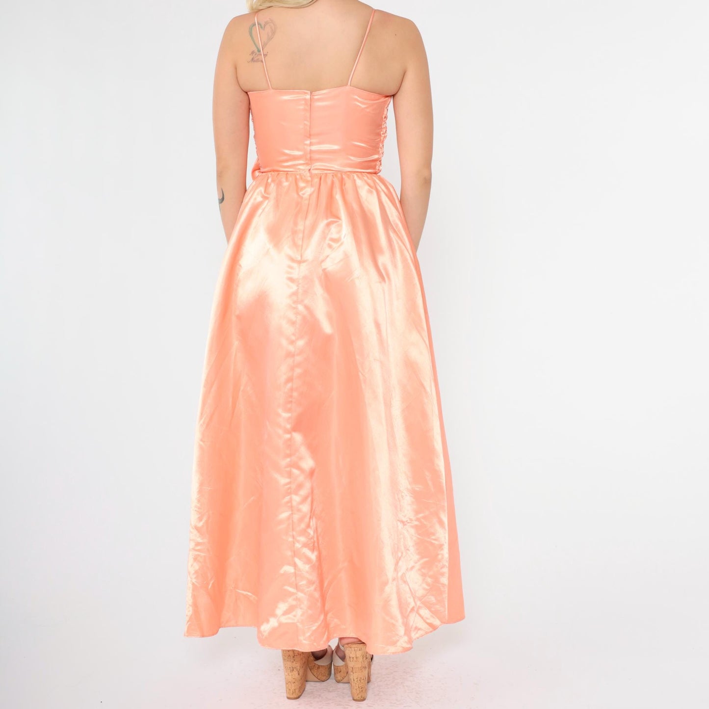 80s Peach Satin Maxi Gown Sweetheart Neckline Bow Waist Ruched XXS