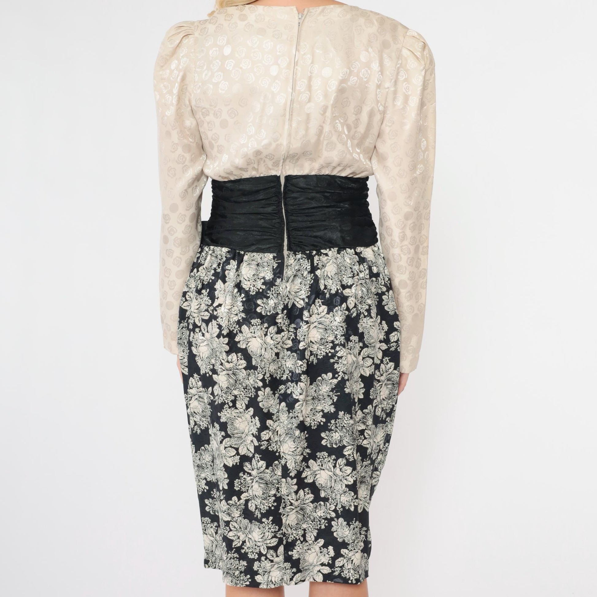80s Connections Floral Embossed Puff Sleeve Midi Dress Ivory Black Bow Small