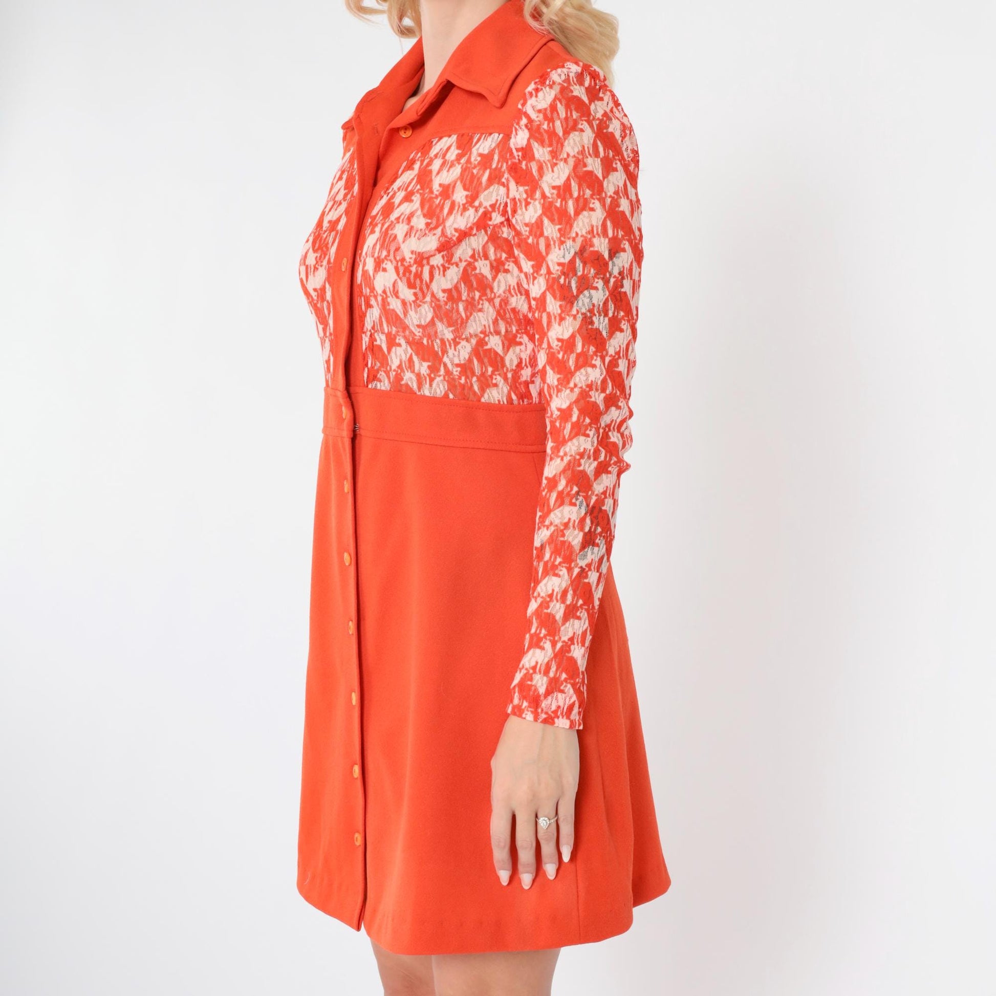 70s Mod Animal Print Mini Dress Orange Lace Collared Button-Up Small