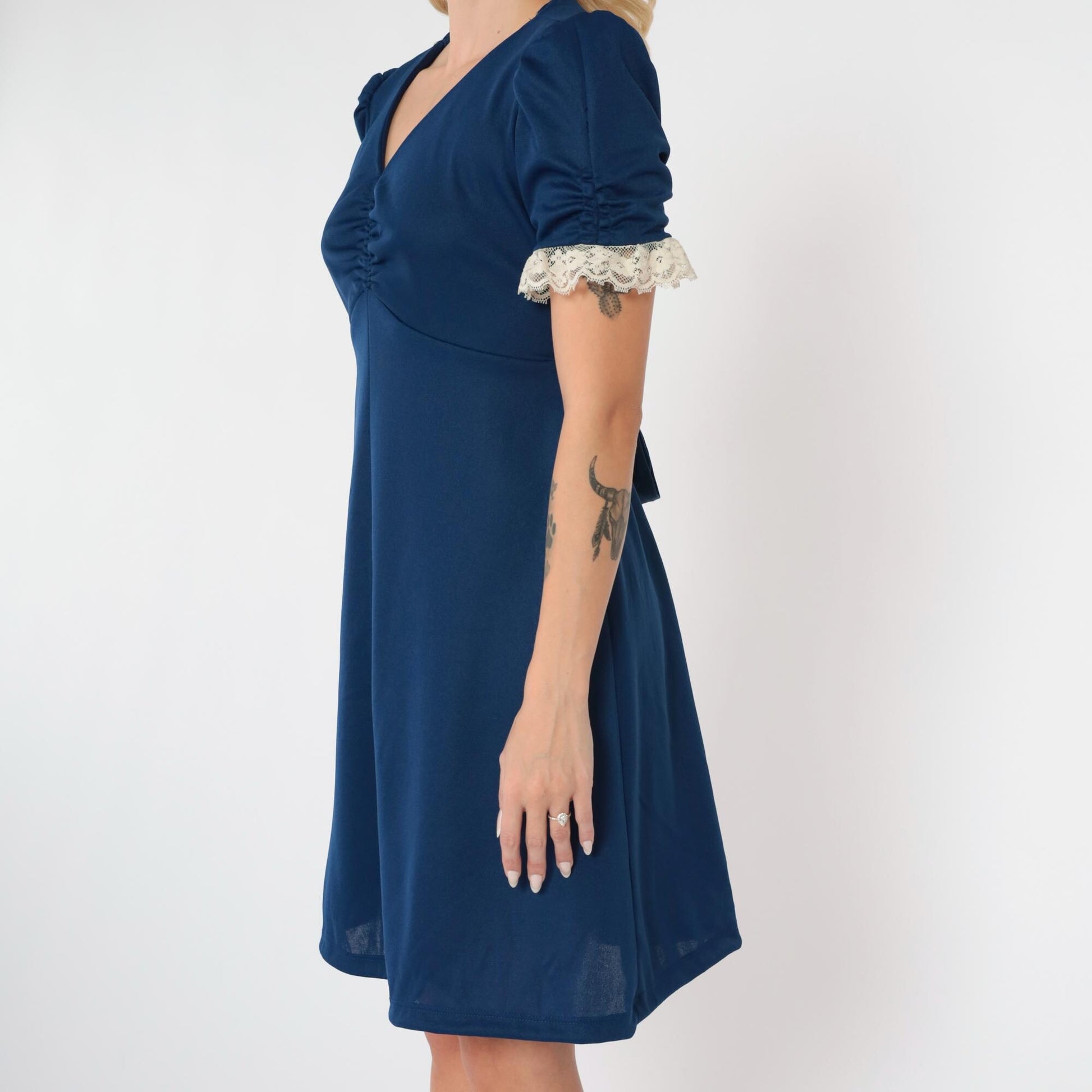 70s Navy Babydoll Mini Dress Empire Waist Puff Sleeve Lace Trim Medium