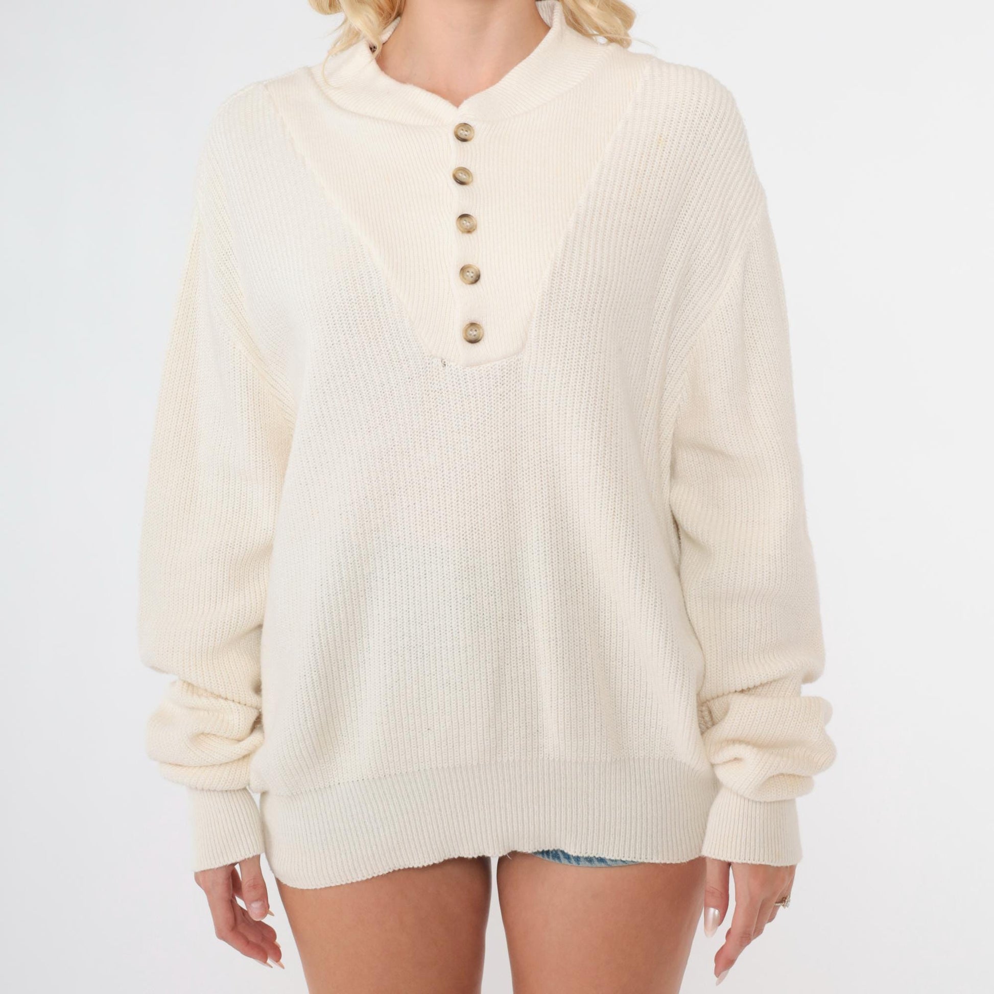 90s St. John's Bay Henley Sweater Cream Cotton Knit Medium
