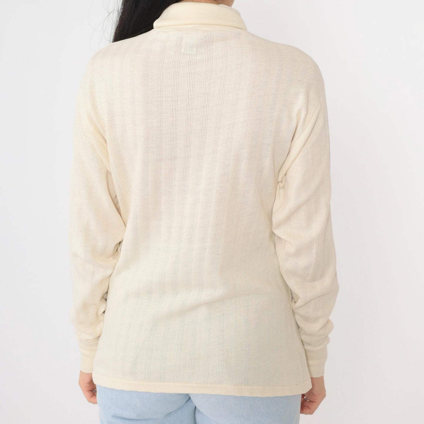 70s Cream Ribbed Turtleneck Long Sleeve Knit Top Medium