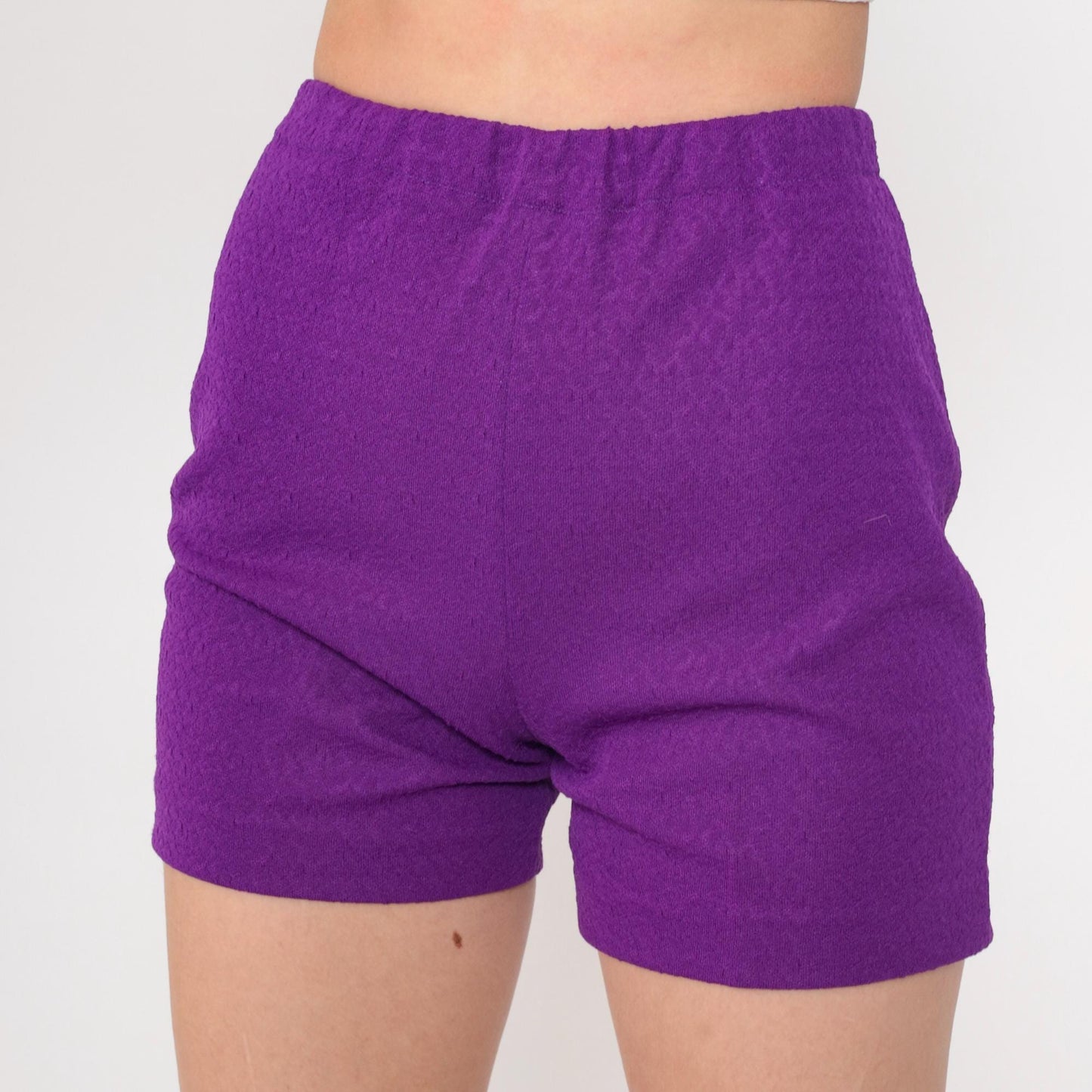 70s Purple Textured Polyester Hotpants High Rise Shorts Extra Small