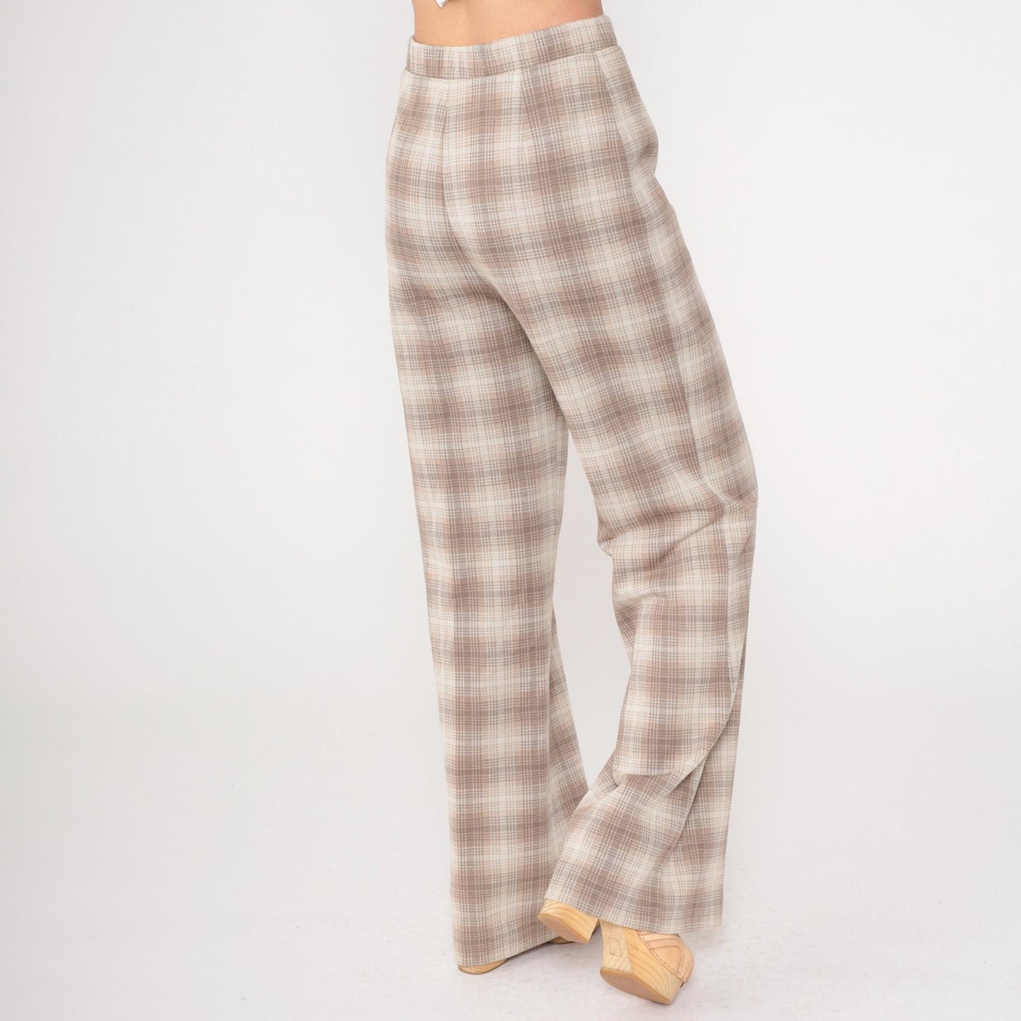 70s Plaid Flared Trousers Taupe High Waist Elastic Pants Small