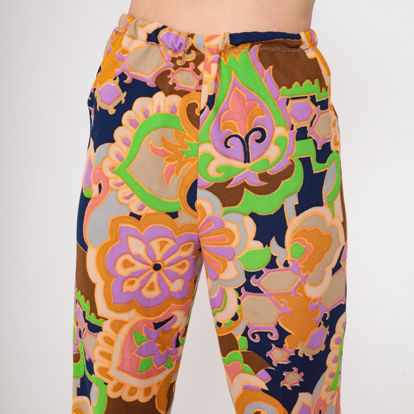 70s Psychedelic Floral Bell Bottom Pants High Waist Cropped Small