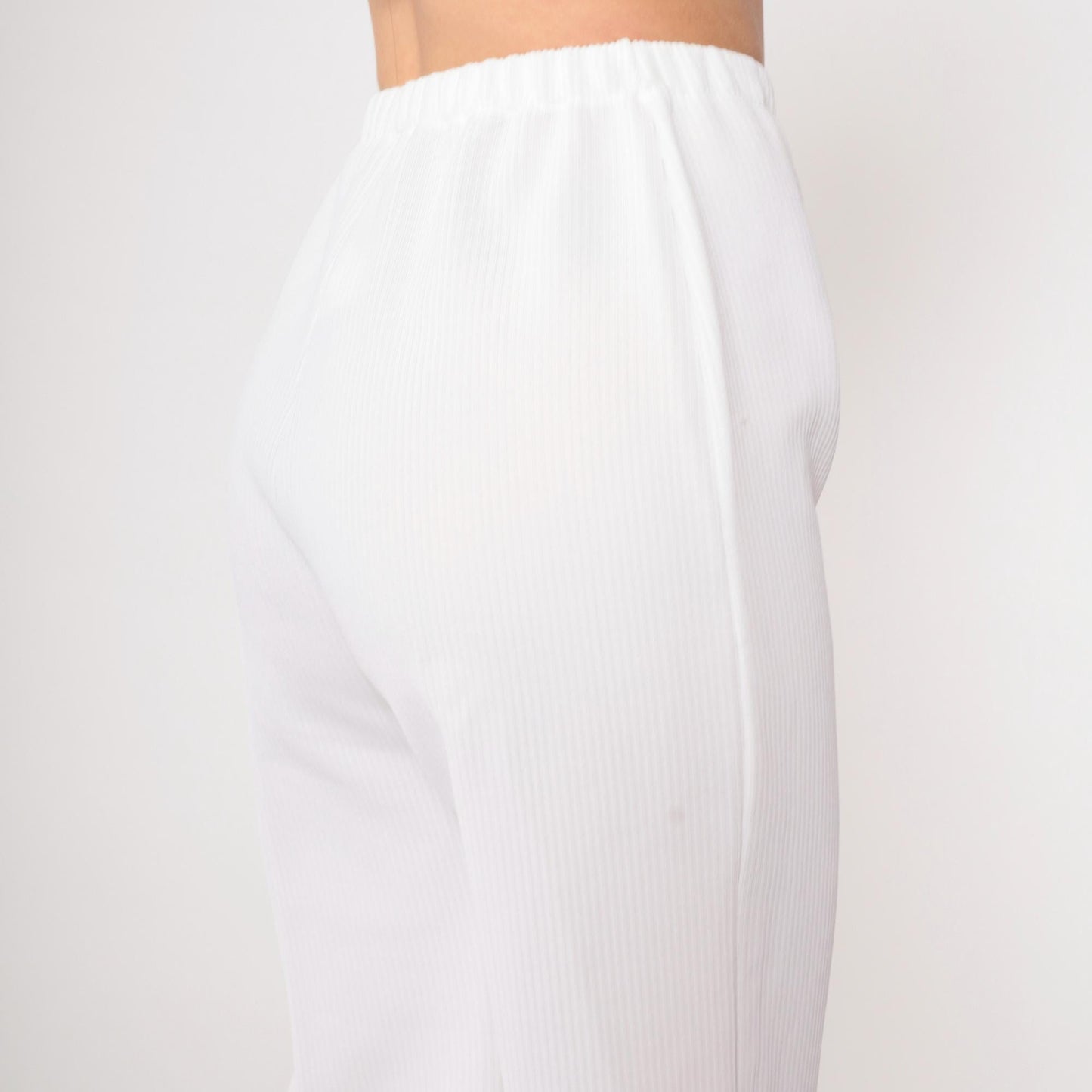 70s White Ribbed Polyester High-Rise Straight Leg Pants Elastic Waist XS