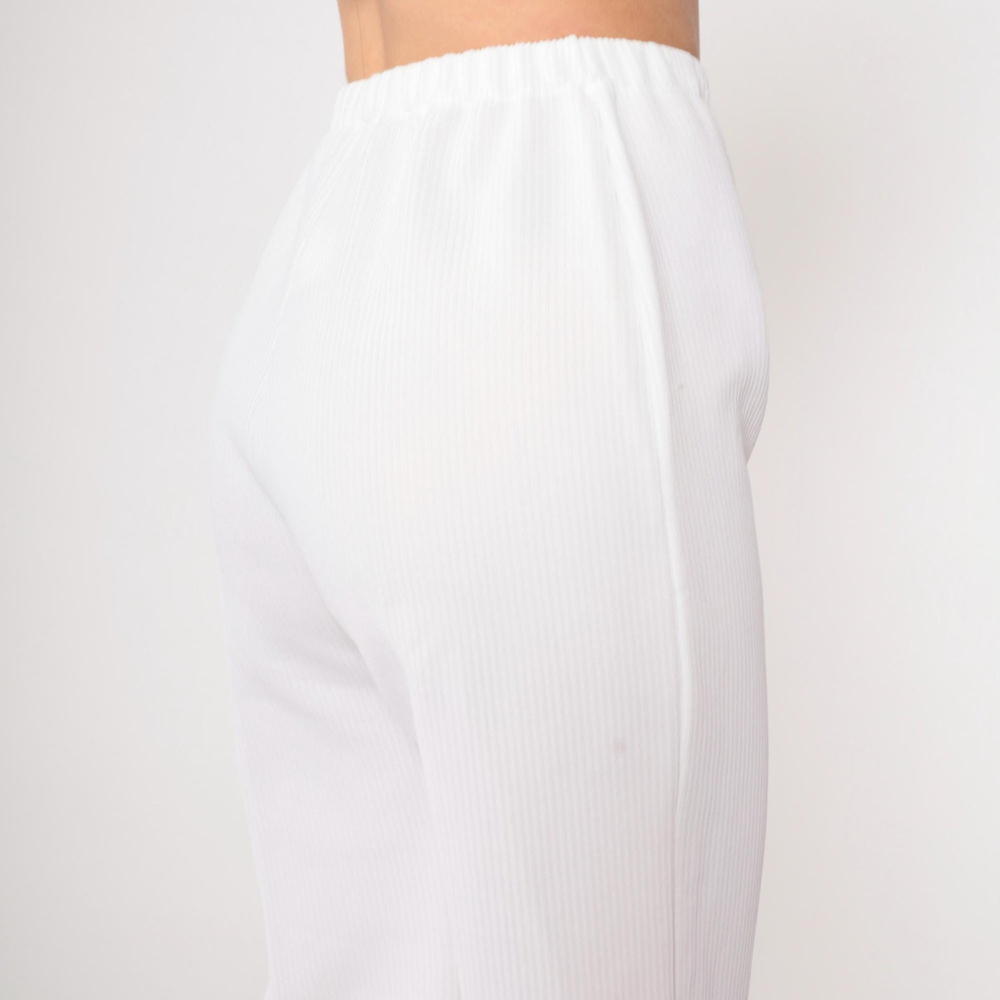 70s White Ribbed Polyester High-Rise Straight Leg Pants Elastic Waist XS
