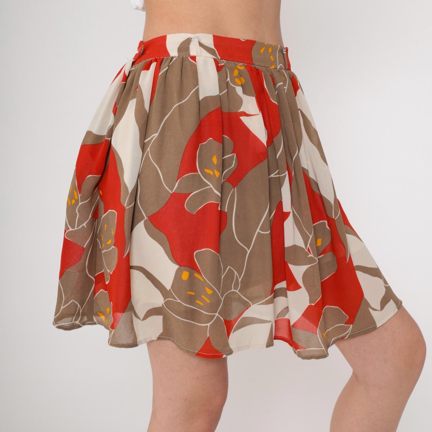 70s Floral Mini Skirt High Waist Red Brown Campus Casuals Small