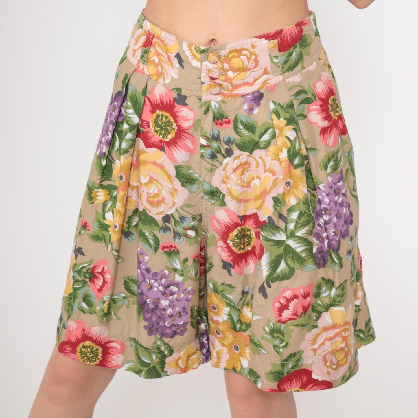 90s Lizwear Floral Pleated Shorts High Waist Rayon Tan Large 14