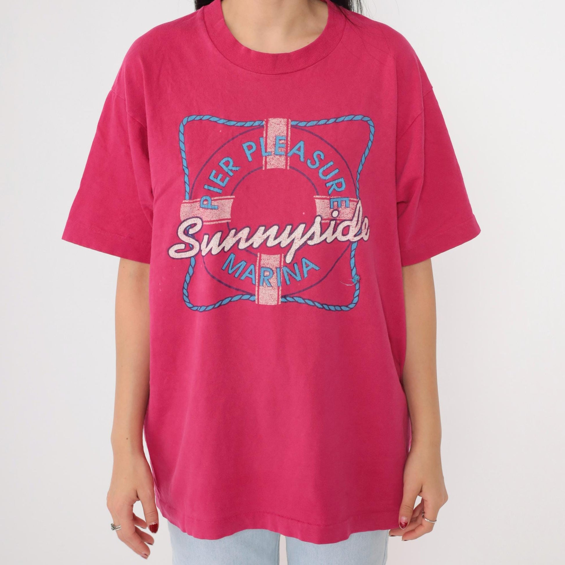 90s Pier Pleasure Sunnyside Marina Graphic T-Shirt Hot Pink Cotton Large L