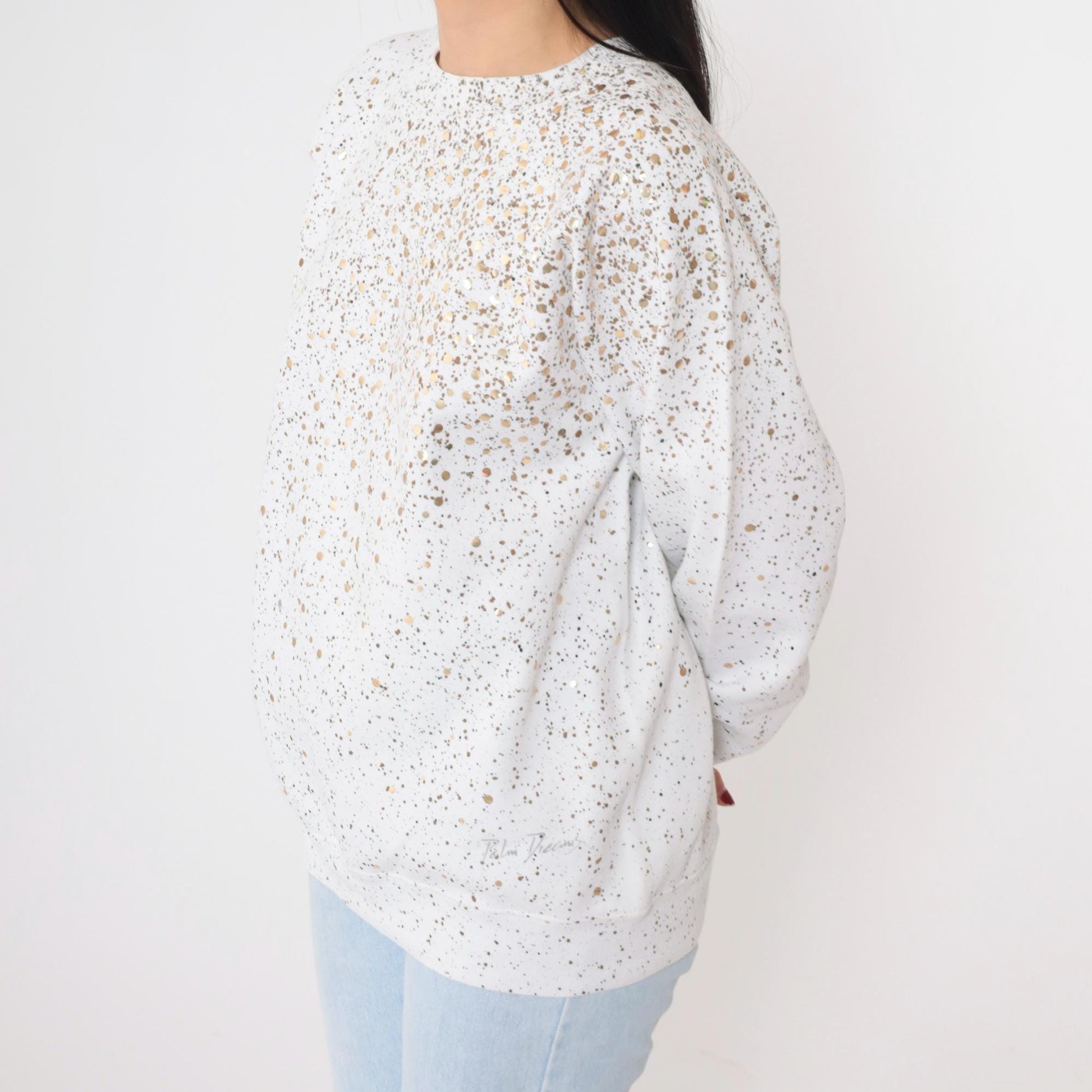 90s White Sweatshirt Gold Sequin Paint Splatter Metallic Graphic Medium