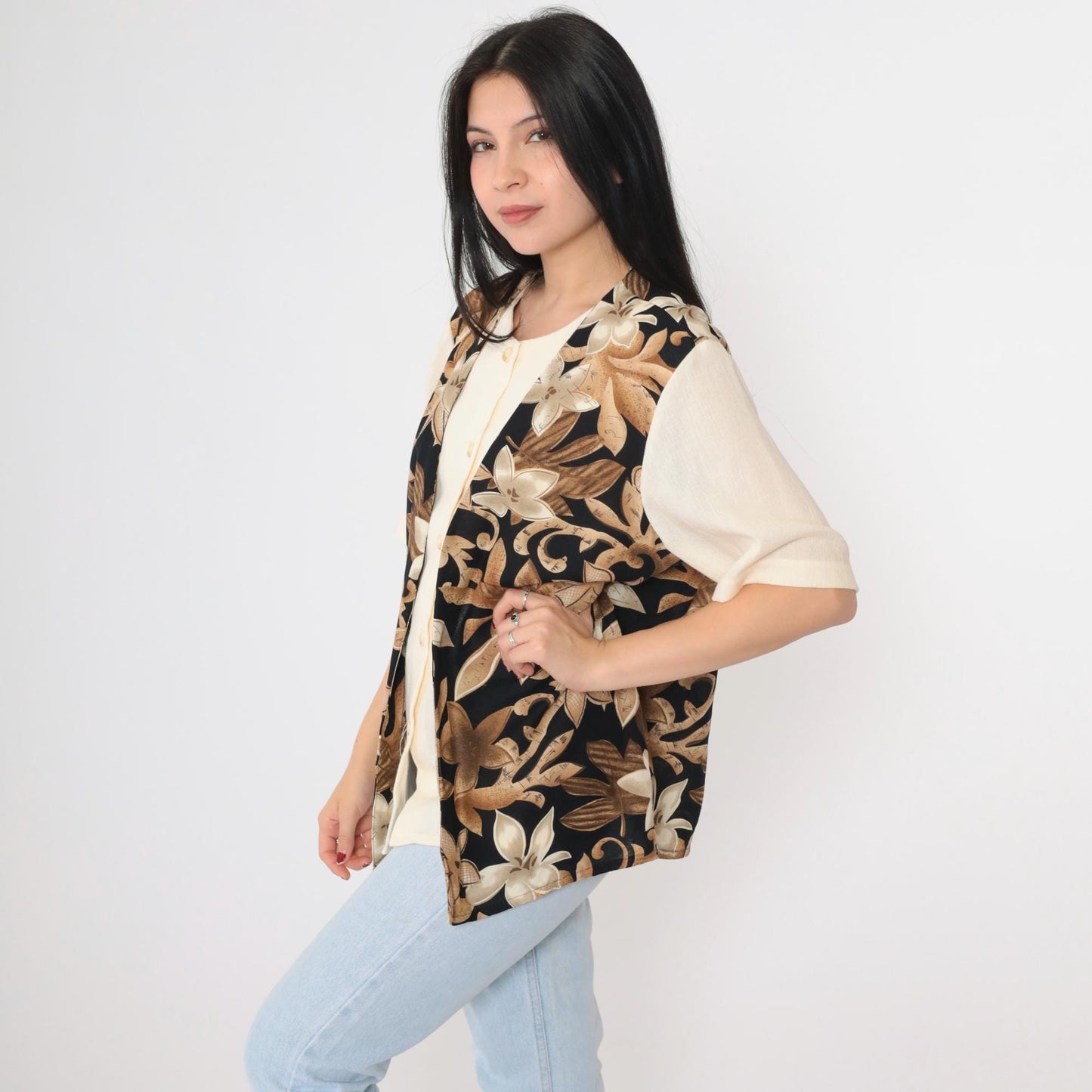 90s Alfred Dunner Floral Vest Blouse Cream Button Up Short Sleeve Large 14