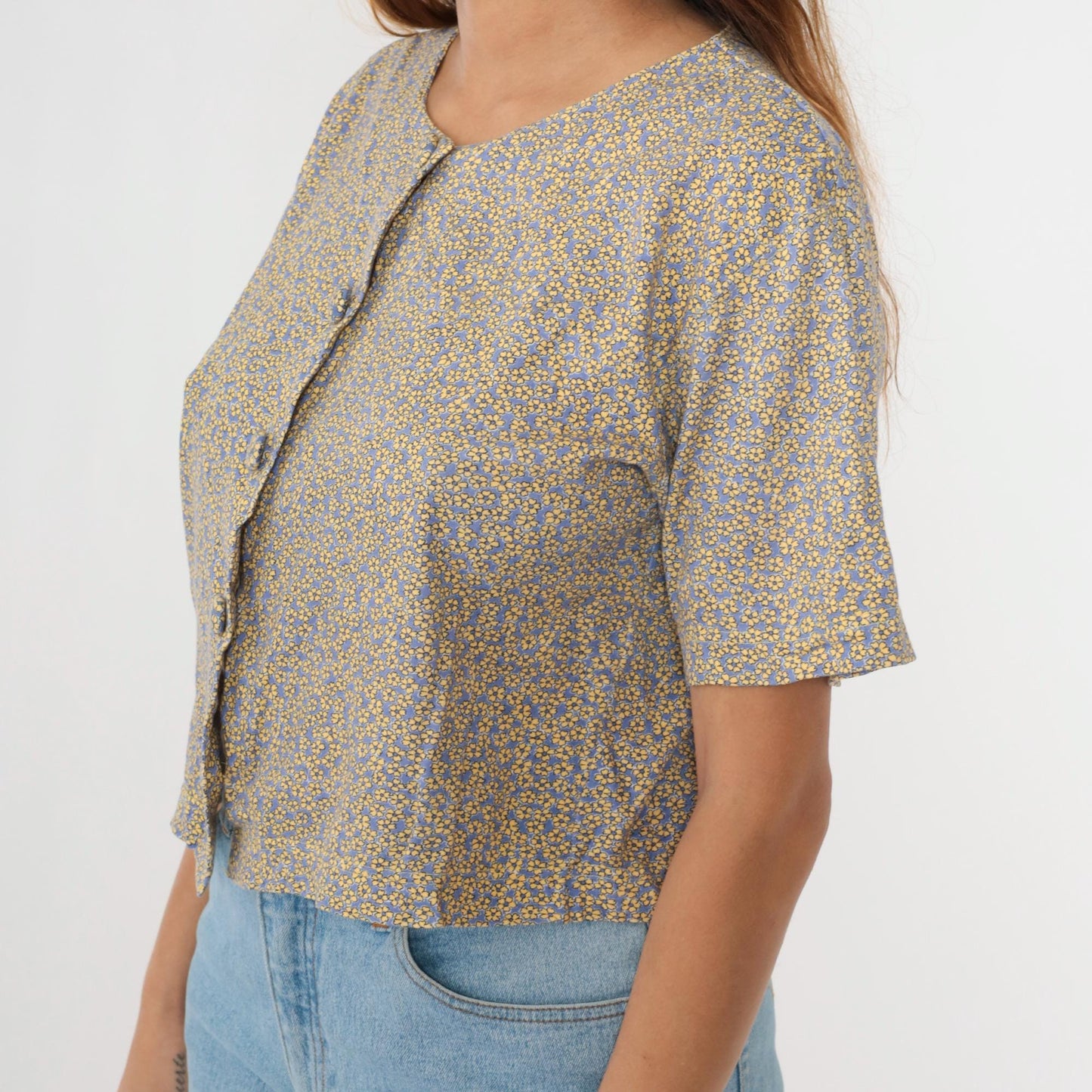 90s Talbots Petites Calico Floral Button-Up Blouse Periwinkle Cotton Small
