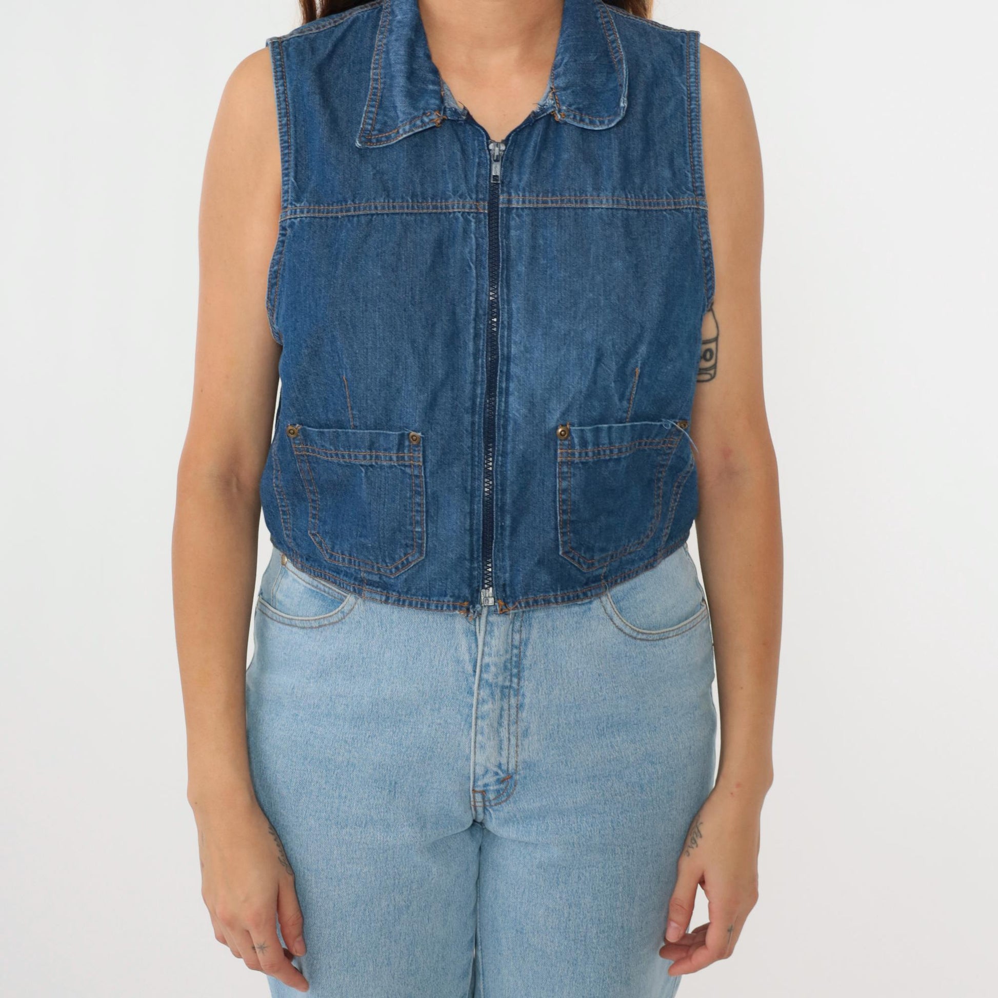 90s Blue Denim Zip Vest Cropped Sleeveless Jean Top Large