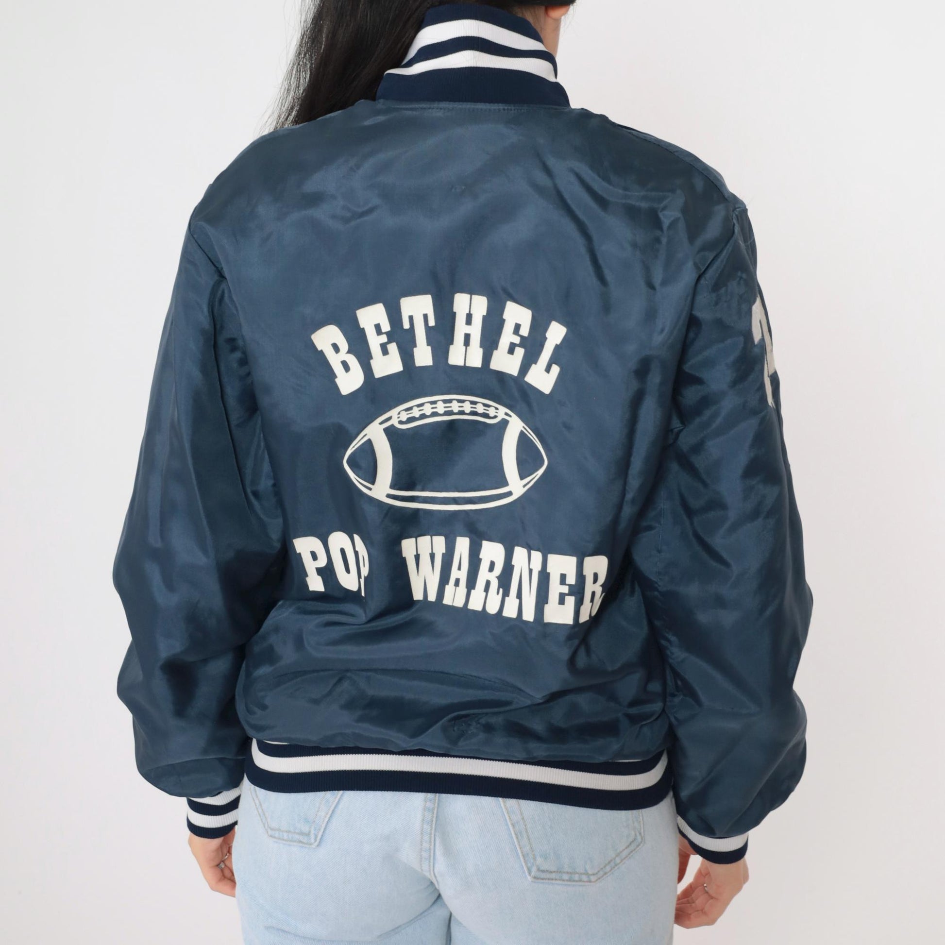 80s Bethel Pop Warner Football Bomber Jacket Dark Blue Small S